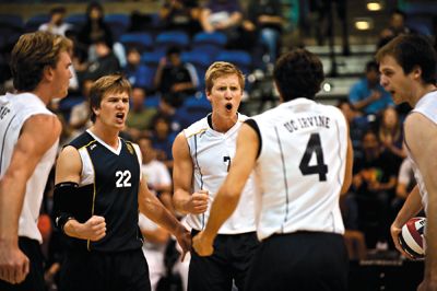 Scott roeder | Staff Photographer Carson Clark, Kevin Welch, Jordan DuFault, Anthony Spittle, and Kevin Wynne celebrate their upset victory.