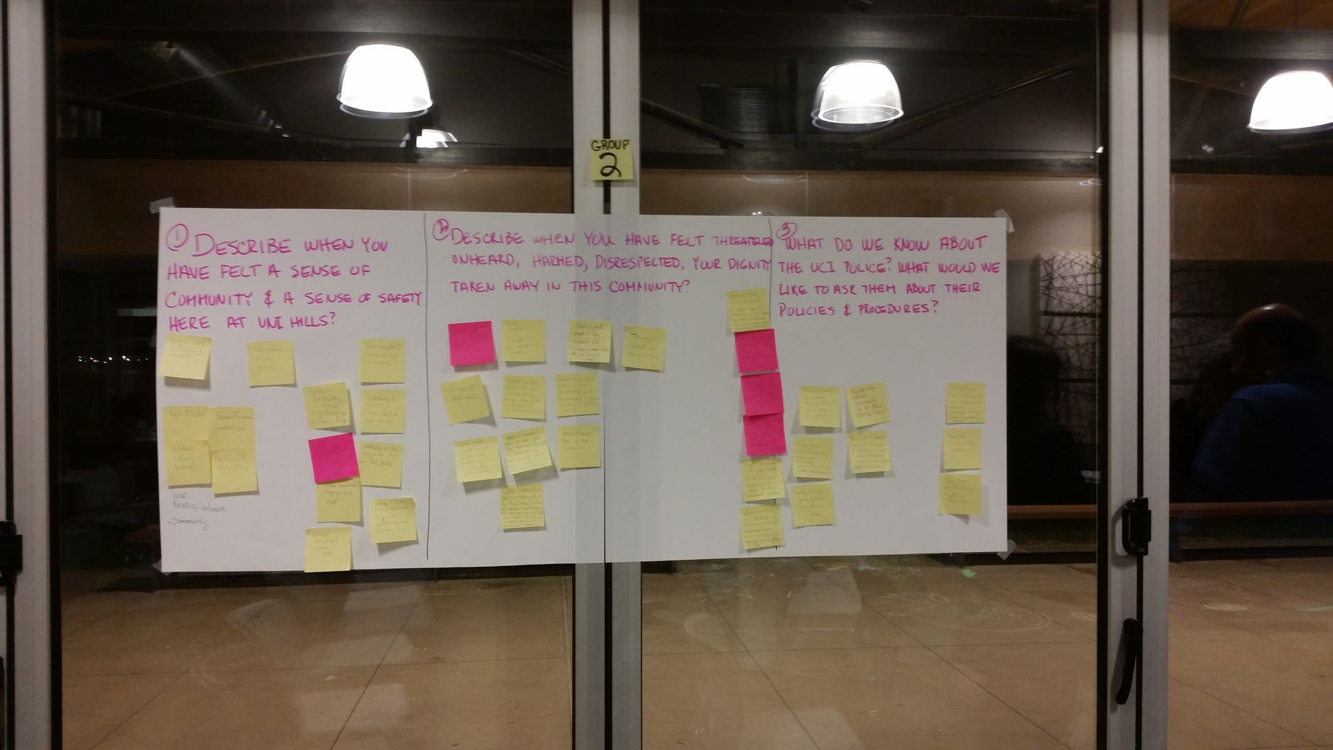 University Hill Resident placed post-it notes of their answers to poster boards with questions asked of them during their "community circles."