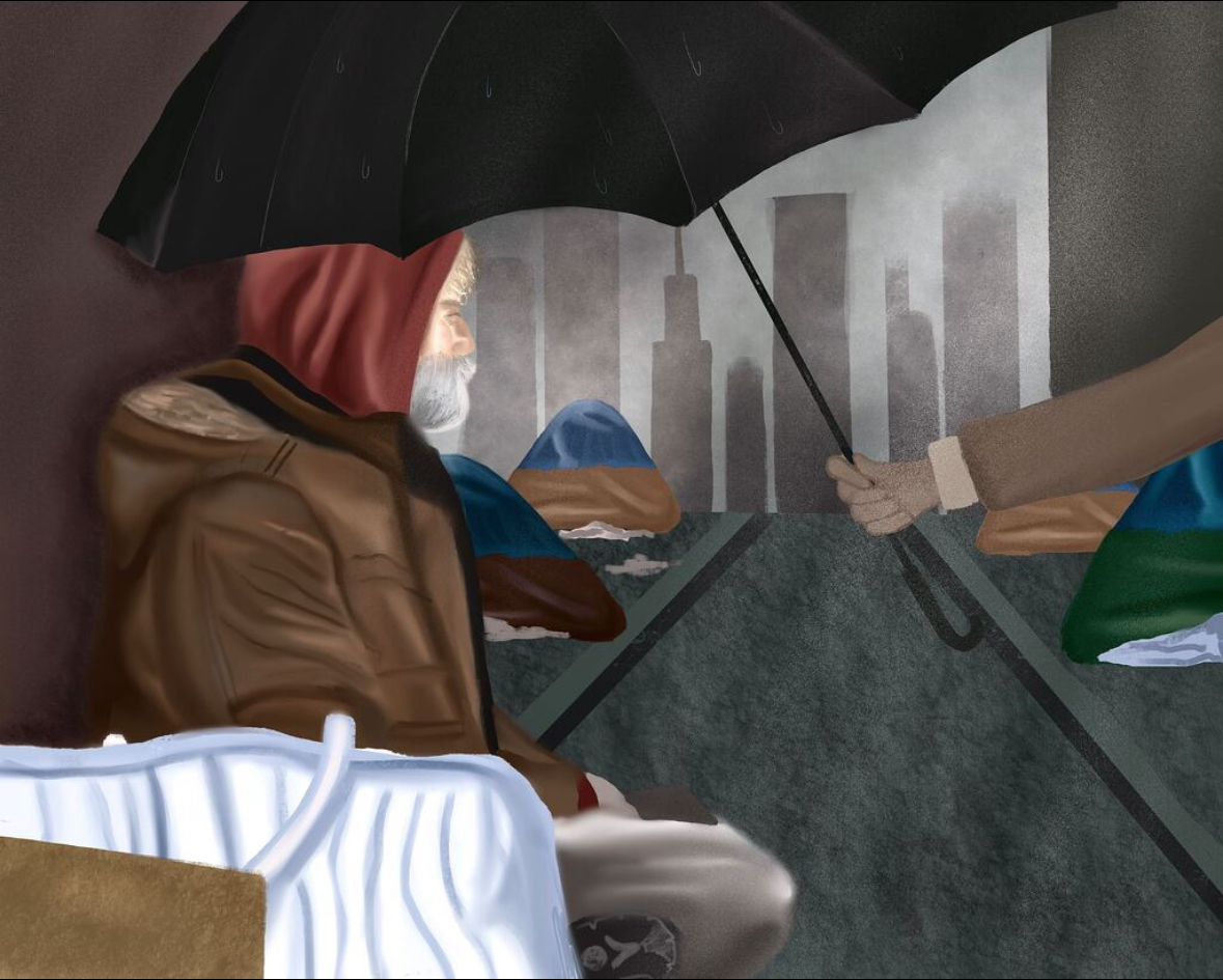 Person holding an umbrella over a homeless man to shield him from the rain.