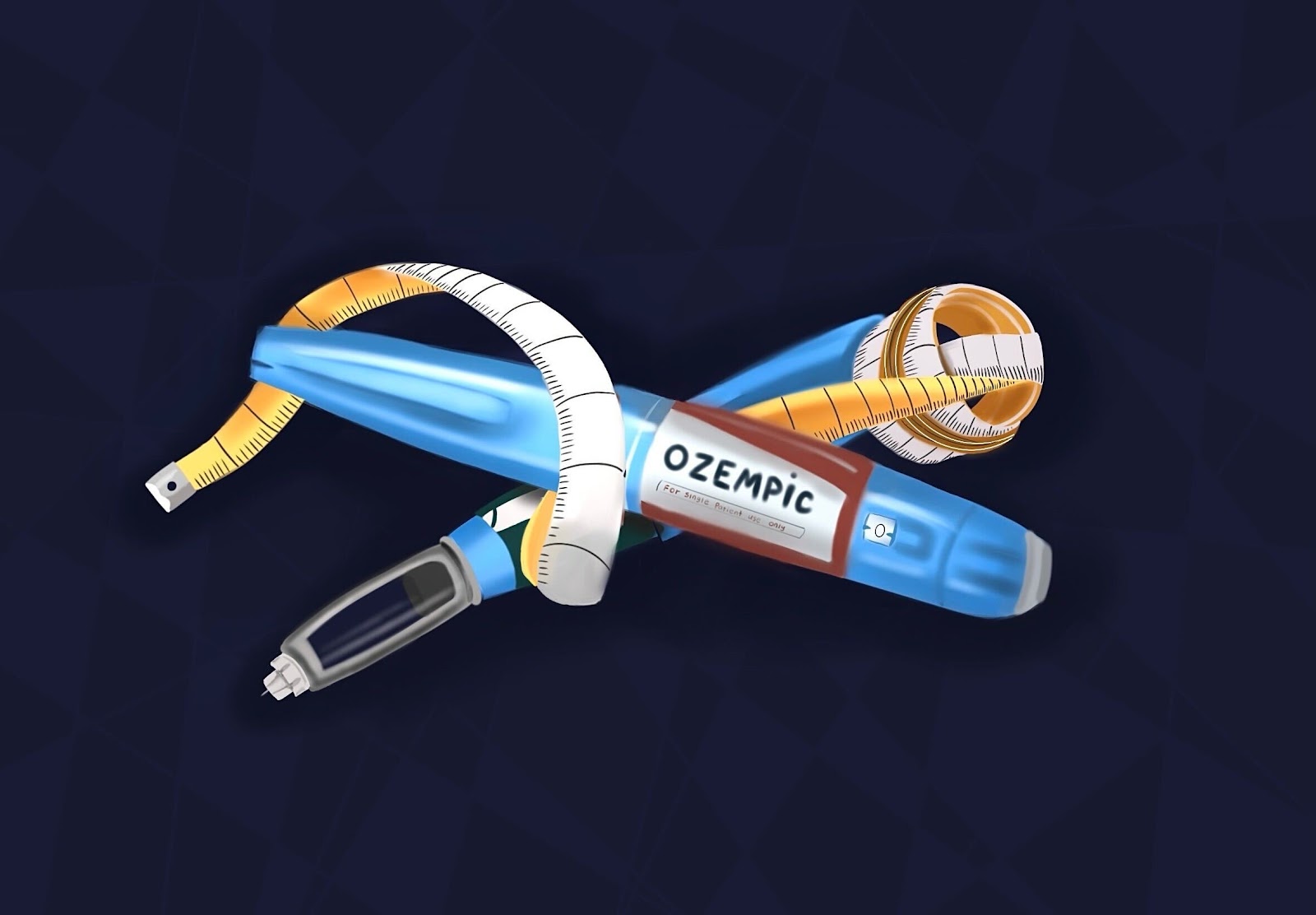 Two Ozempic pens being wrapped in measuring tape.