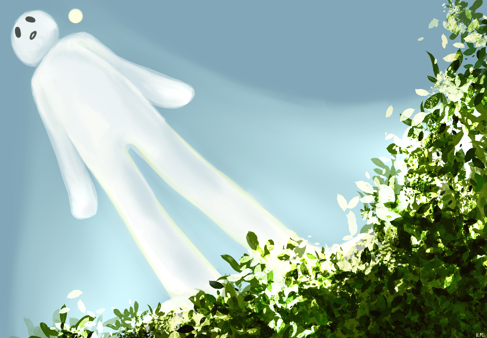 A figure stands in the sunlit grass as the sun shines on them from above.