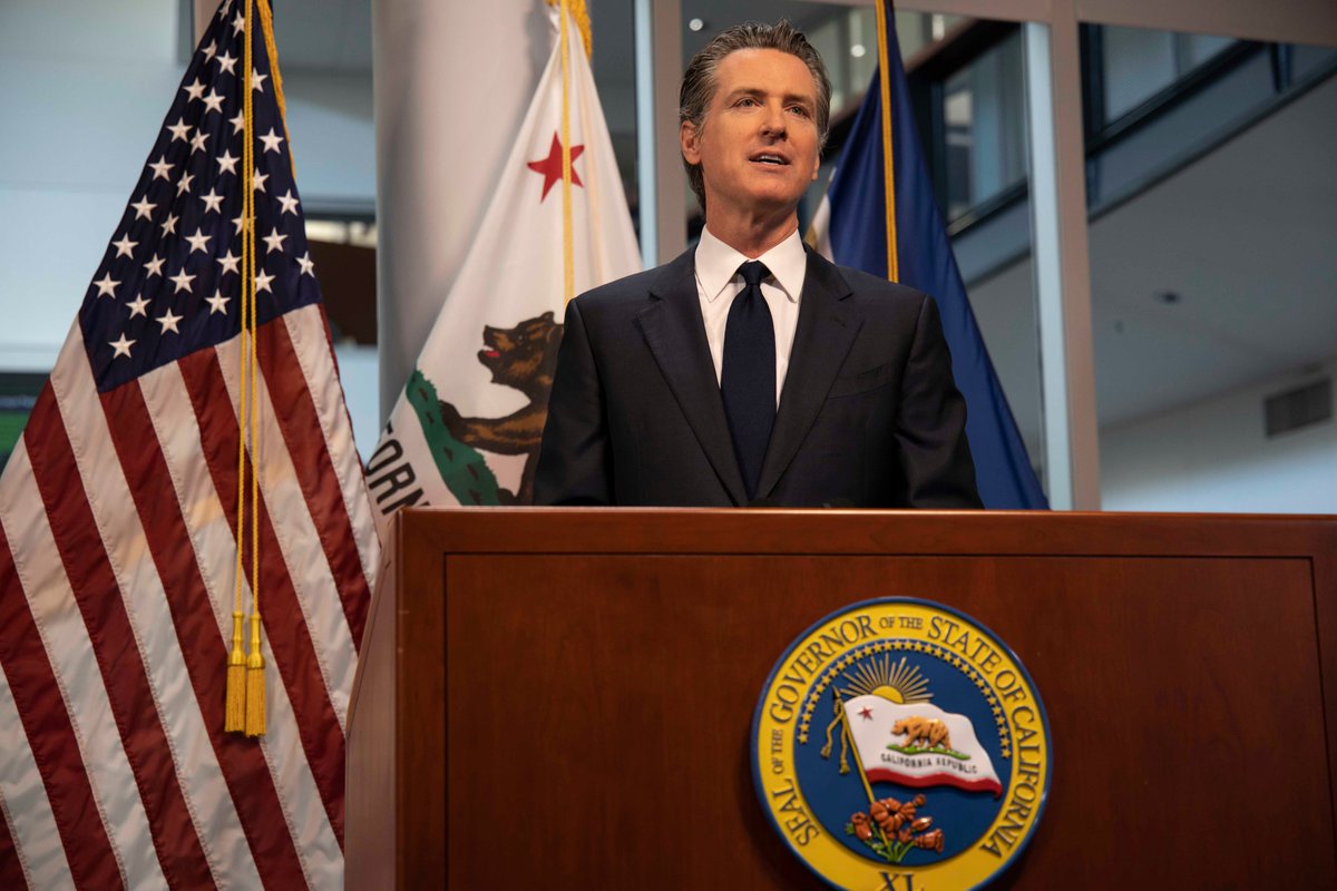 Governor Newsom standing in front of a podium with an American flag next to him, published on September 9, 2020.
