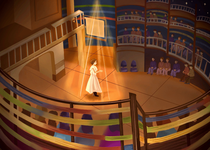 Graphic depiction of a singer in the middle of a theater