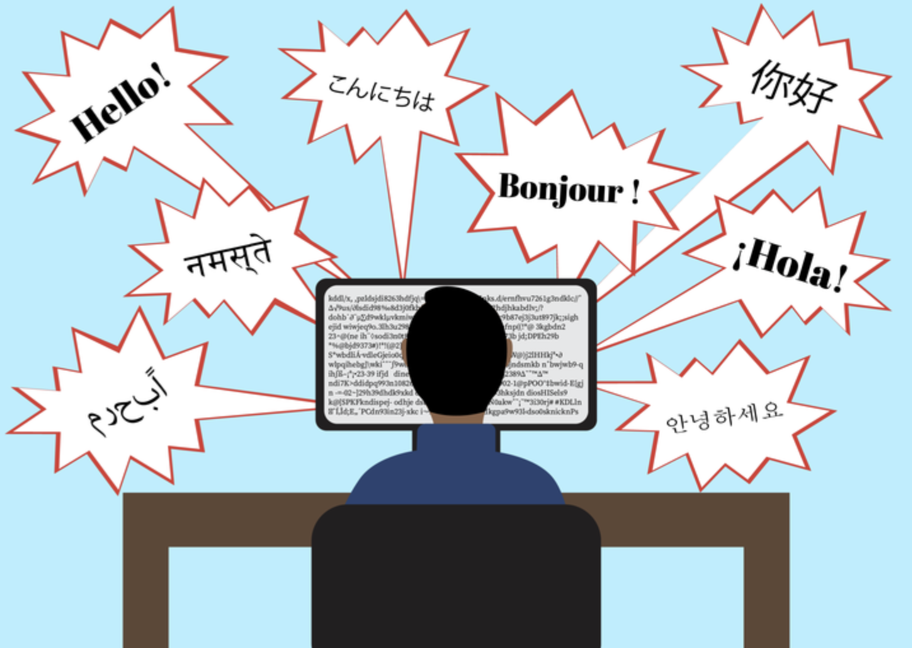 A guy sits at a table staring at a computer screen full of gibberish. The word 