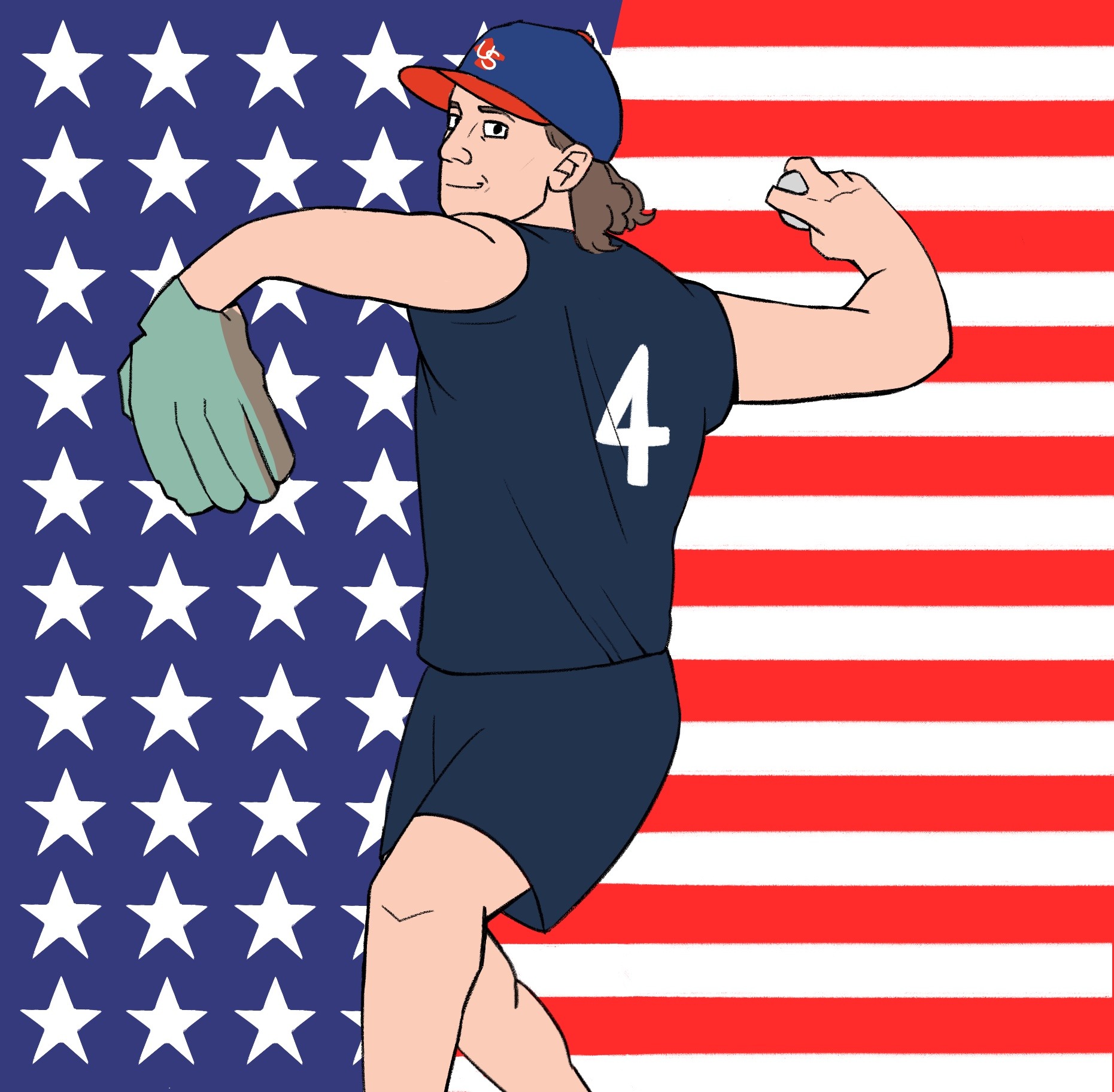 A cartoon Ricky Ojeda is seen leaning back with a baseball in his hand if ready to throw it. He is wearing a dark blue shirt with the number four on it and a mint green baseball glove. He is standing against a background divided between white stars on a blue background and white stripes on a red background to represent the Stars vs. Stripes series.