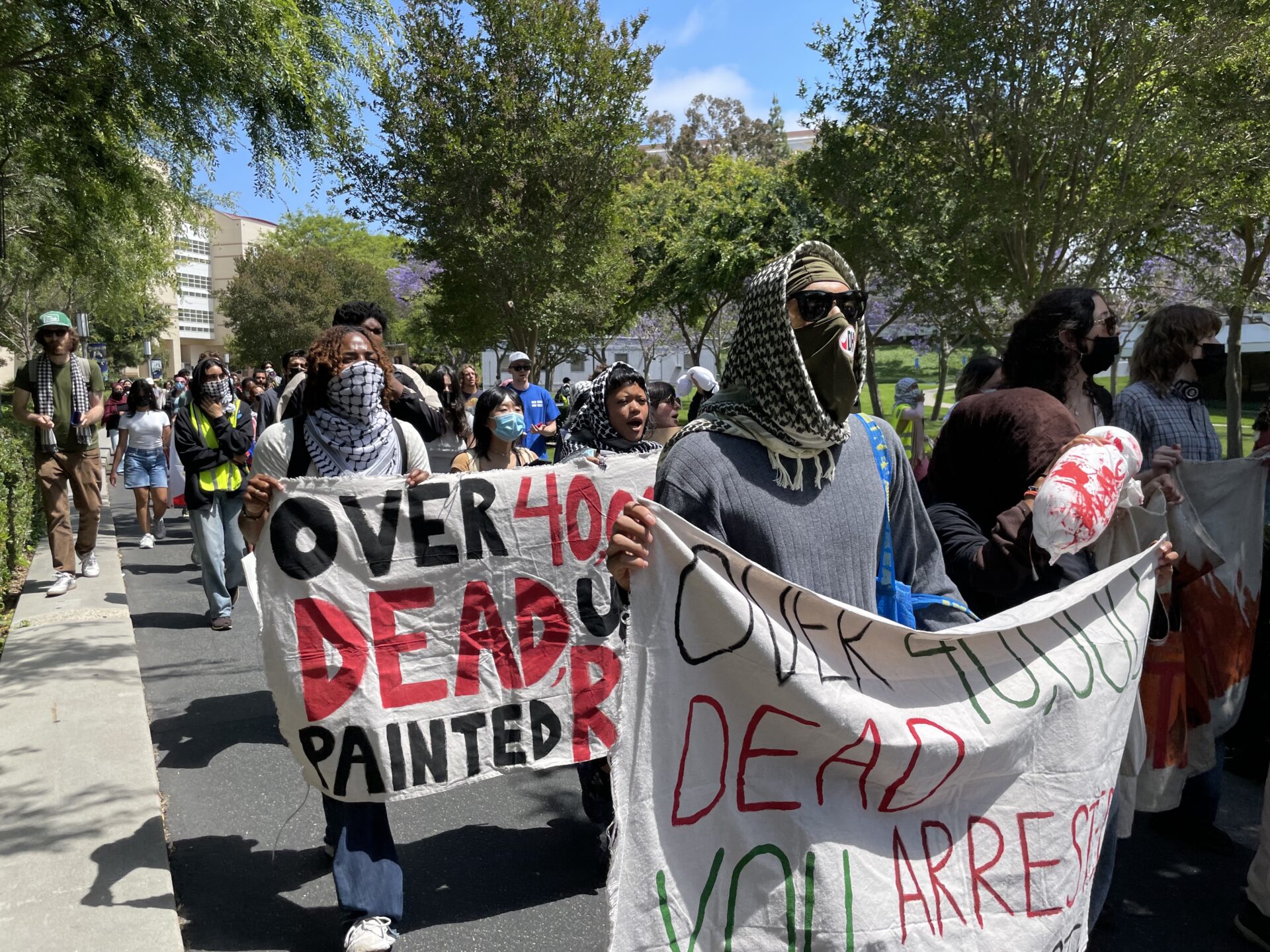 Several protestors stand walking around Ring Road at UC Irvine with masks and posters rallying against the Gaza war.