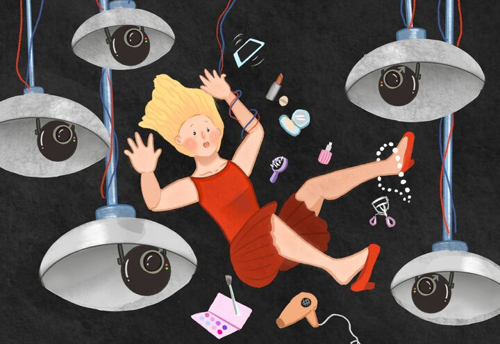 Young women as enforcers and subjects of beauty surveillance. Alt text: A girl with long, blonde hair in a red dress falling on a dark background alongside her makeup. Surveillance cameras that resemble eyes are watching her.