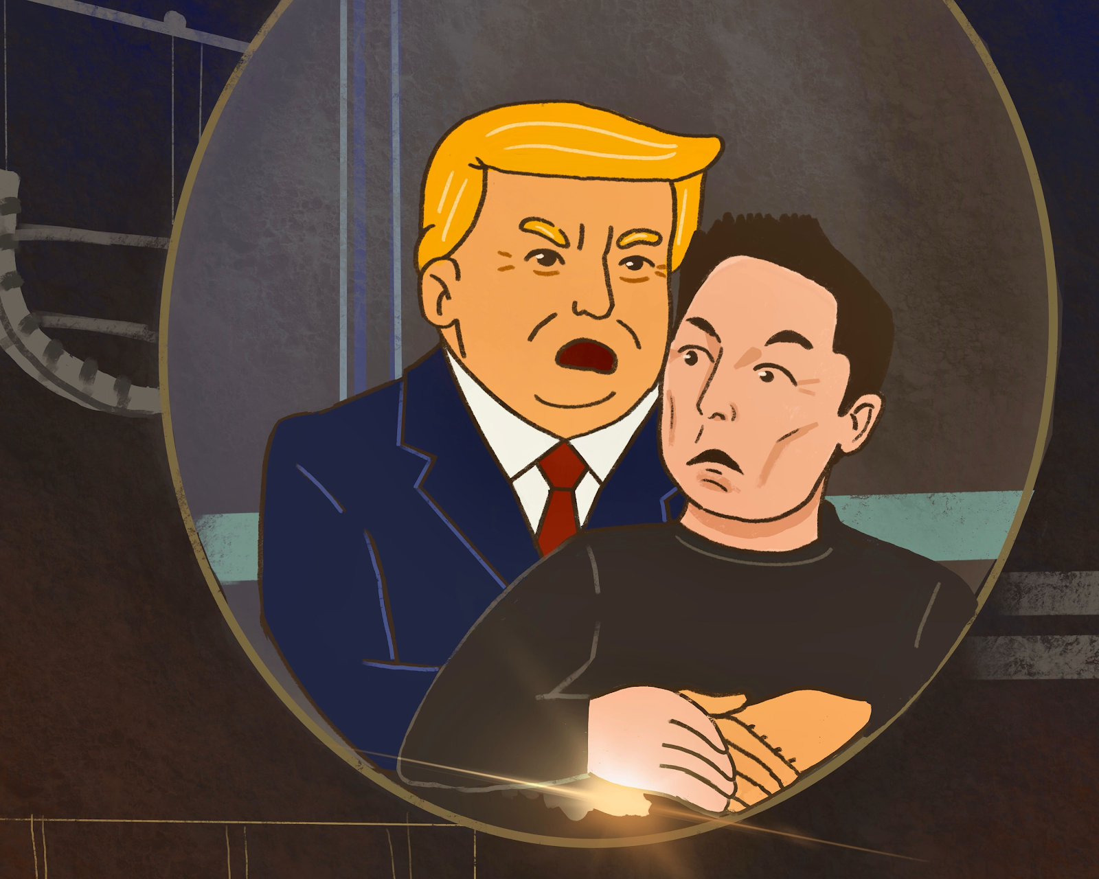 Cartoon-style illustration of Donald Trump and Elon Musk imitating the Coldplay concert cheating scandal meme.