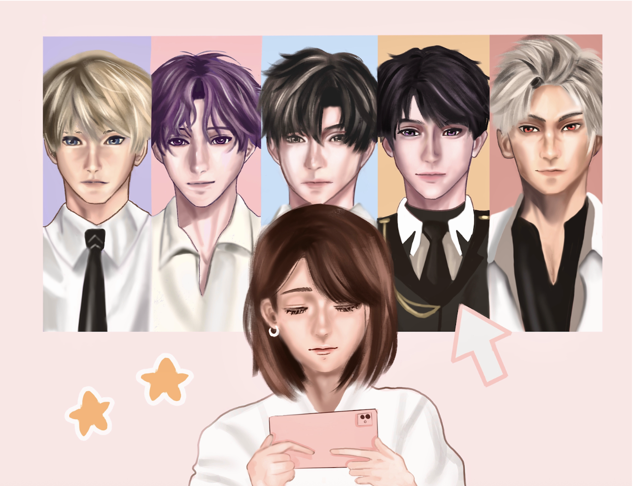 Photo of a girl looking down at her phone with five virtual love interests behind her.