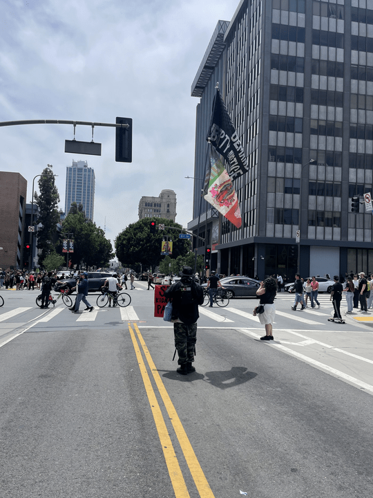 A person waving flags amidst the protest in Downtown Los Angeles.