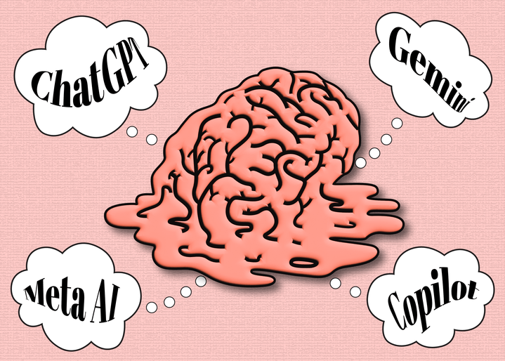 A peach colored melted cartoon brain sits in the middle of the image with thought bubbles extending to different wildly used generative AI's.