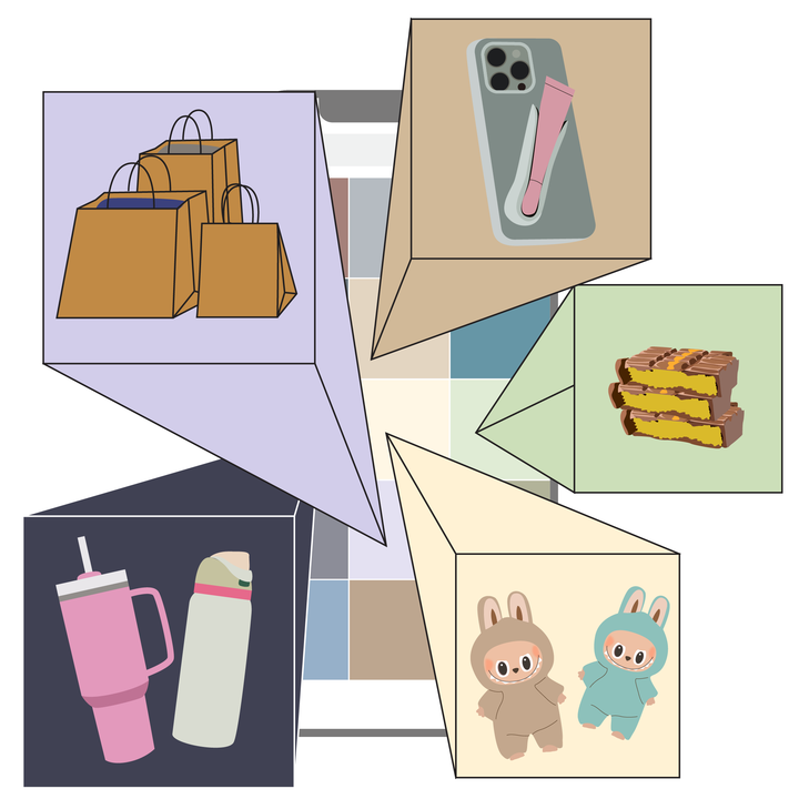 The background of the image features a cartoon drawing of an Instagram explore page. Different popular social media trends are popping up from the screen, including thrifting, the Rhode phone case, Dubai chocolate, popular water bottles and Labubus.