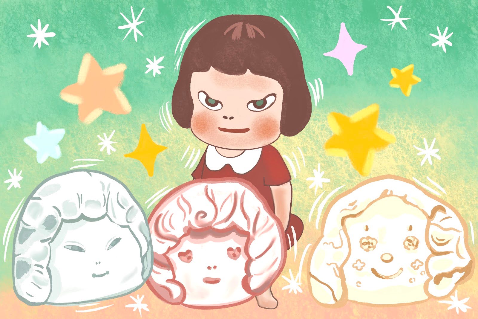 An illustration of a girl with a bob haircut and red dress. She is standing among three round sculptures with playful expressions in front of a pastel green background.