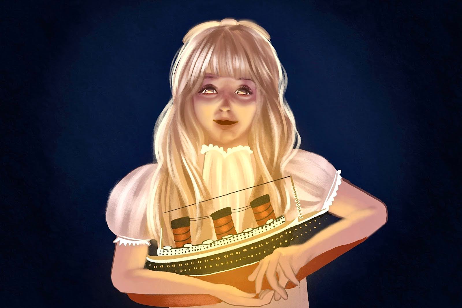 A blonde girl wearing a beige, lace trim dress is holding a model of a boat, the Queen Mary.