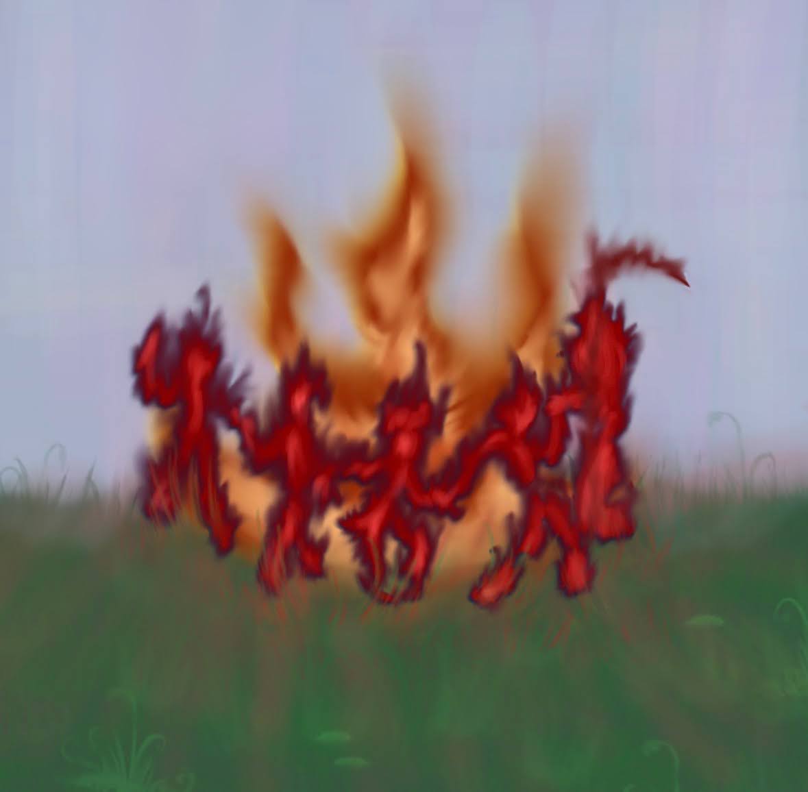 A hazy art piece of red figures dancing around a fire in a grass field.