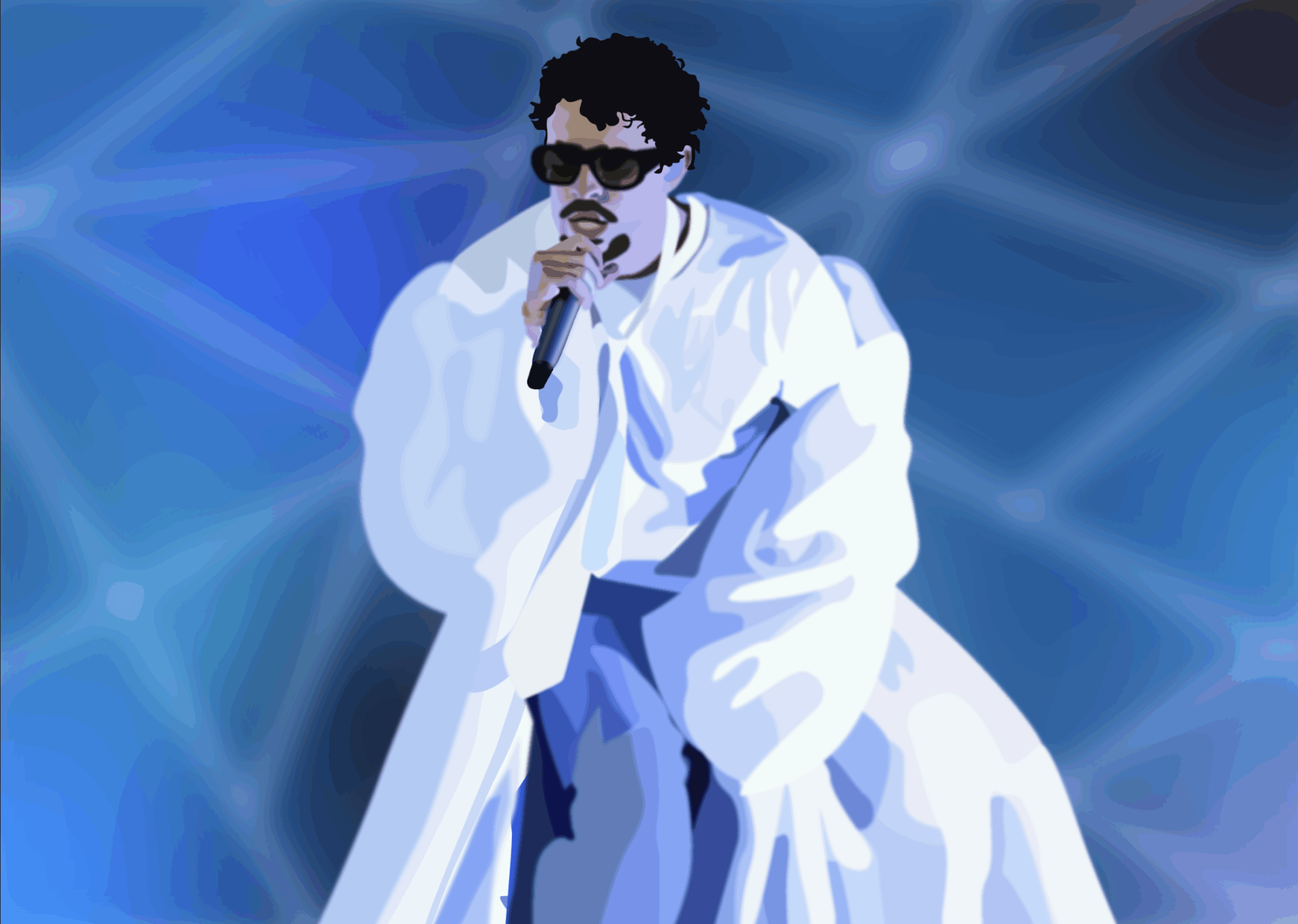 A vectorized drawing of Bad Bunny as he performs on tour wearing a white t-shirt, blue jeans, sunglasses and a long, white, fur overcoat. The background is gradient blue with white lines running across creating various geometric shapes.