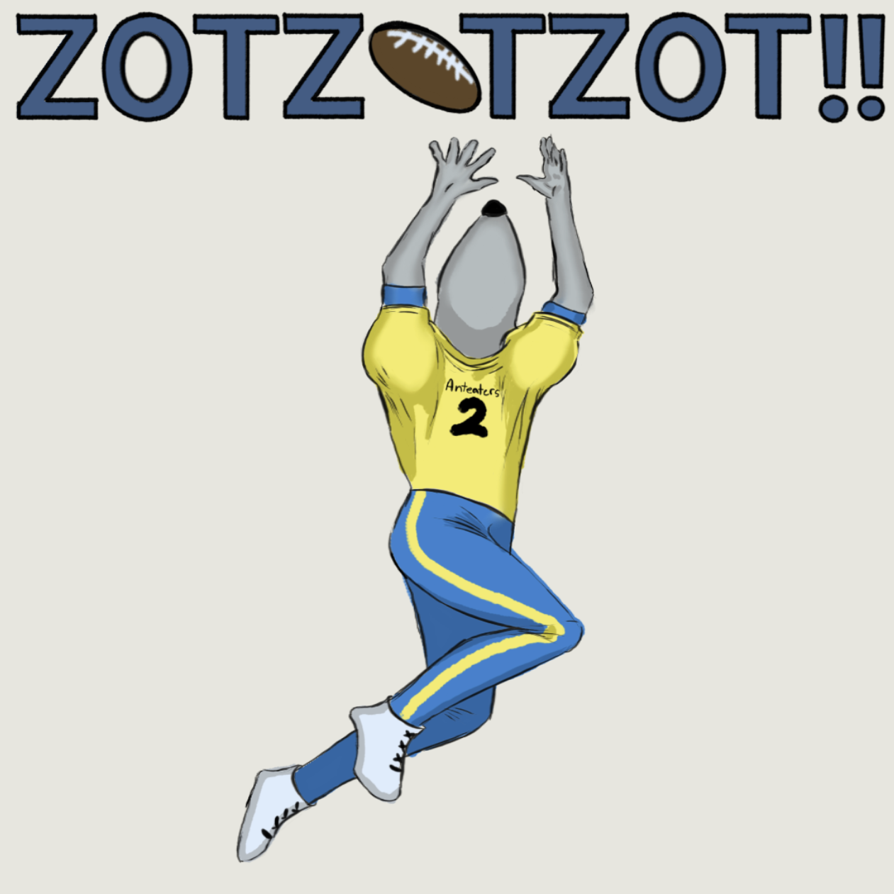 Peter the Anteater in a blue and yellow football uniform, in midair, about to catch a football. The words 