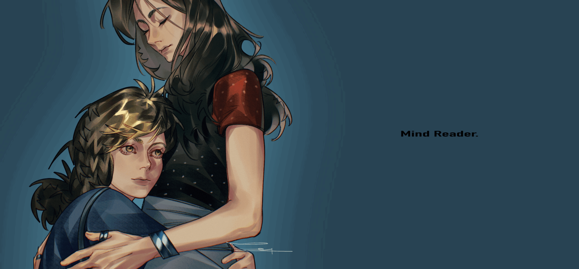 Two girls, Izzy and Emma of TurtleWithHat, embrace each other against a blue background