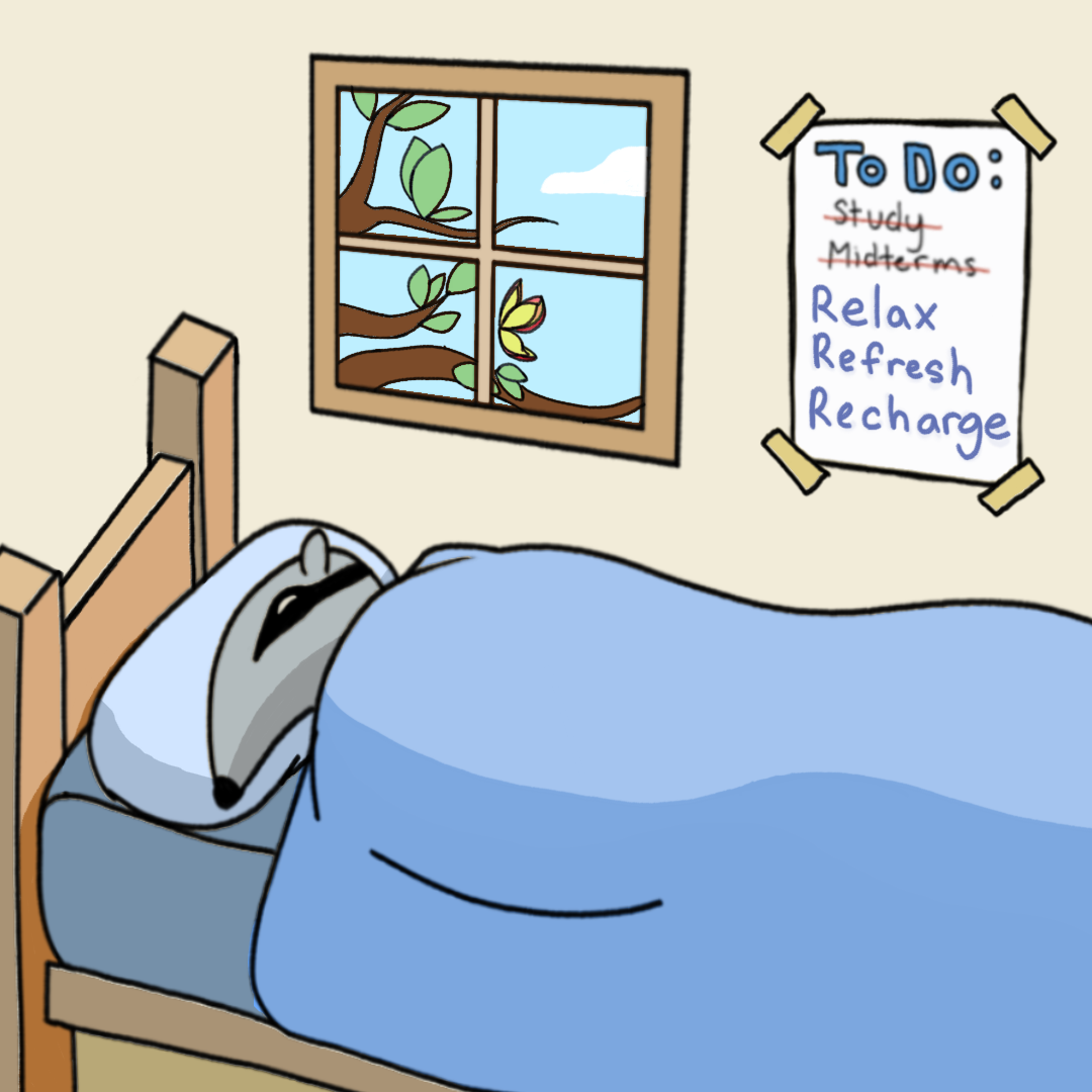 Peter the Anteater sleeping on his bed with his covers drawn up. Outside the window, there is a tree with a butterfly and a bright day with clouds. Next to the window is a poster tape to the wall with 