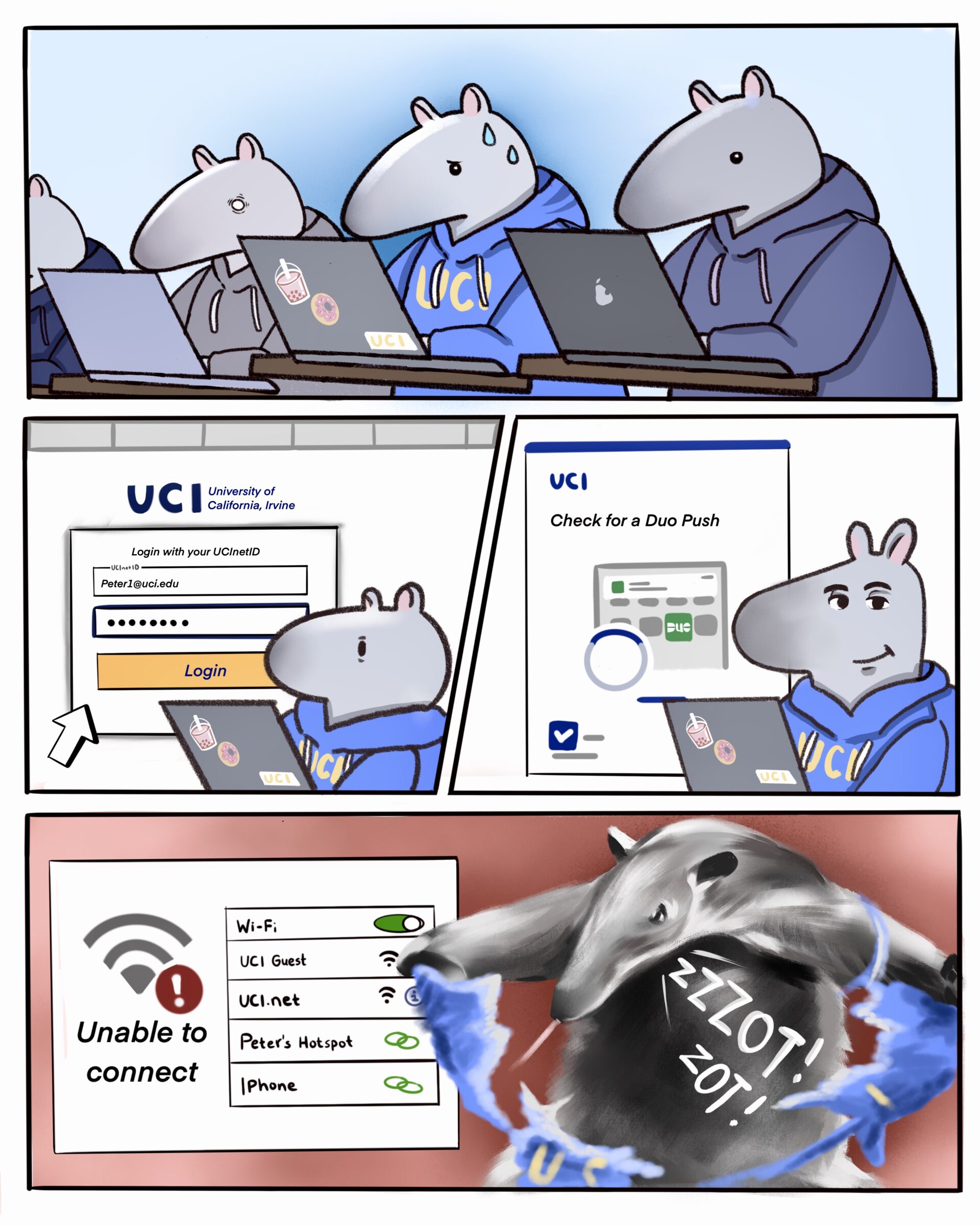 A three-panel comic featuring Peter the Anteater wearing a blue UCI hoodie with sweat on his forehead due to anxiety. In the first panel, several Anteaters are sitting in a lecture hall with their laptops. In the second panel, Peter tries to log in with his UCInetID and waits for a Duo Push authentication. Thinking that he is finally able to log in, his expressions appeared more chilled. In the third panel, the Wi-Fi screen shows, 