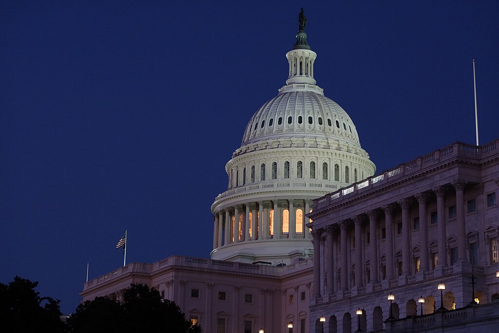 The top of the United States Capital Building is shown with it’s lights on at night.