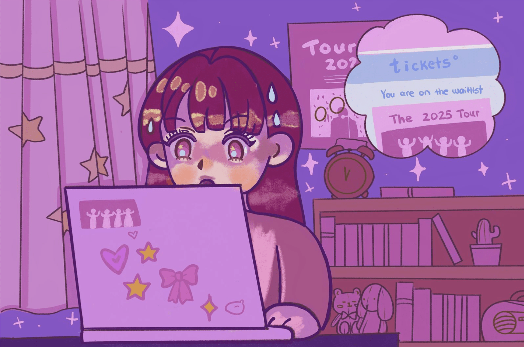 Illustration of a girl sitting at her desk with her laptop while trying to get concert tickets. On her laptop, a pop-up reads “you are on the waitlist” for tickets to the tour.