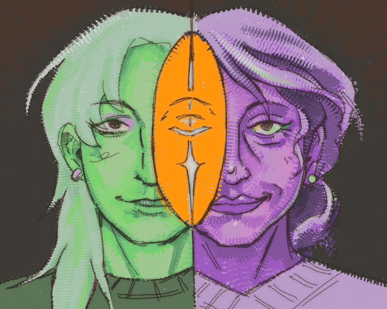 A person in green on the left almost merges into the purple person on the right. In between them is a long, orange oval with a closed eye and star underneath.