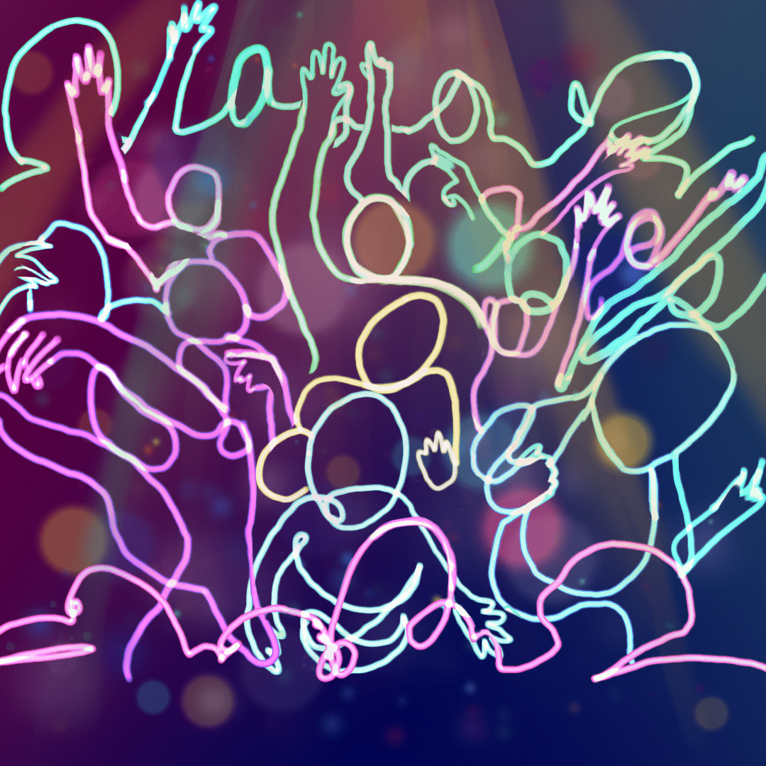A crowd is drawn dancing to music with bright lights in the background. The crowd is drawn with messy neon lines with many unconnected areas to create a somewhat abstract style. Many of the people have their hands up or are shaking their head.