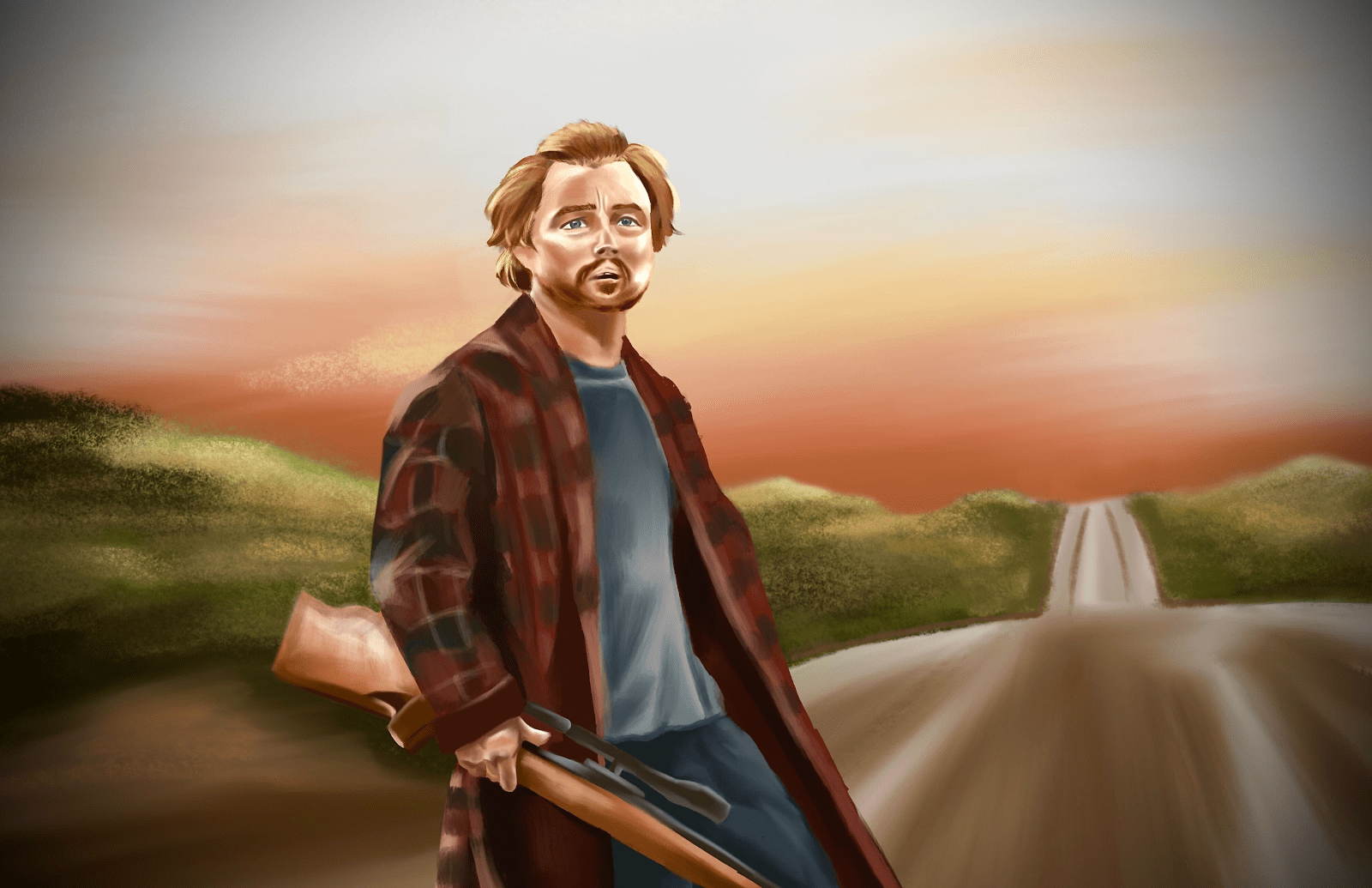 Illustration of a man holding a shotgun while standing in the middle of a rural road at sunset. He is wearing a flannel coat and a grey shirt while gazing into the distance.
