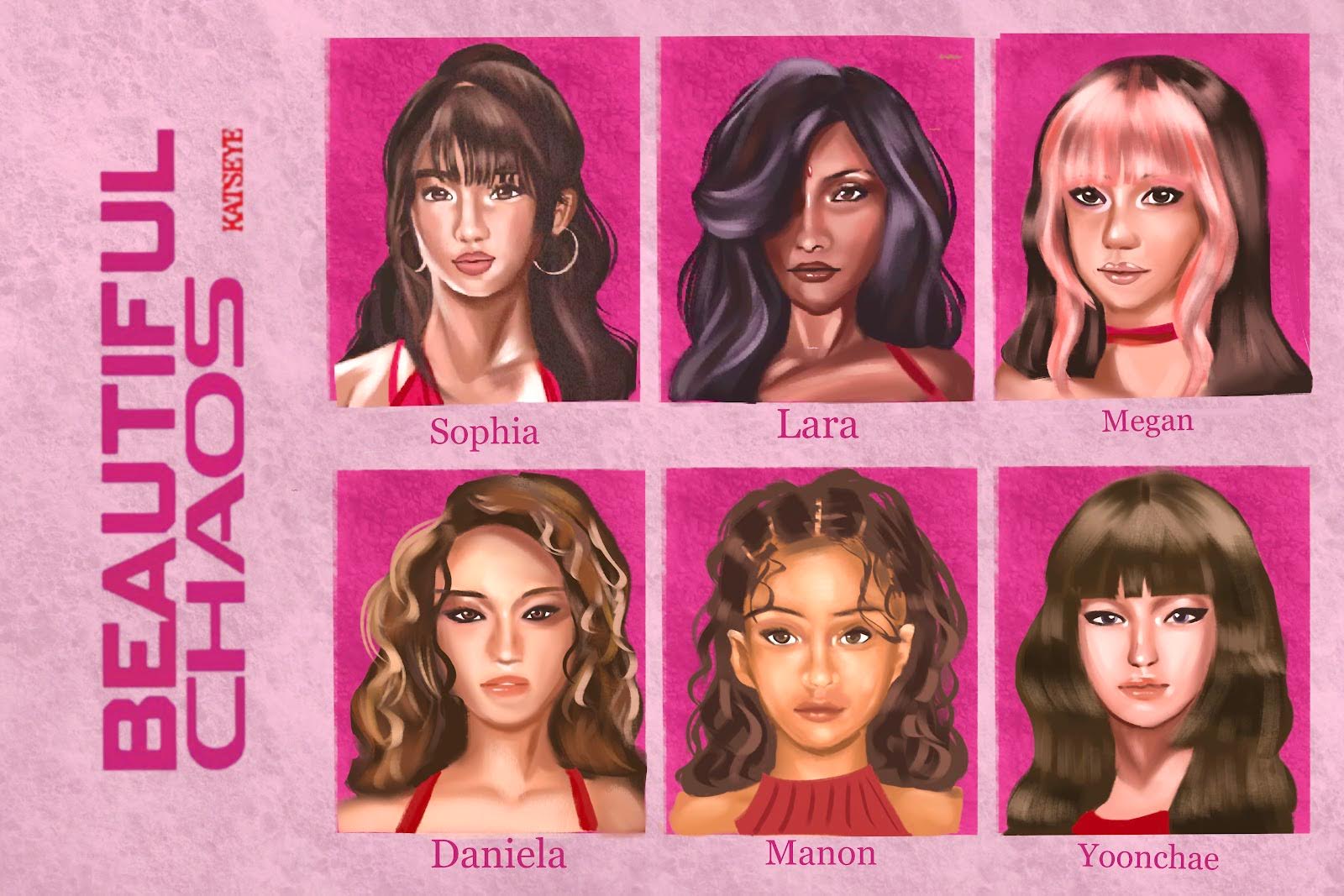 Profiles of the six Katseye group members set upon a pink background.