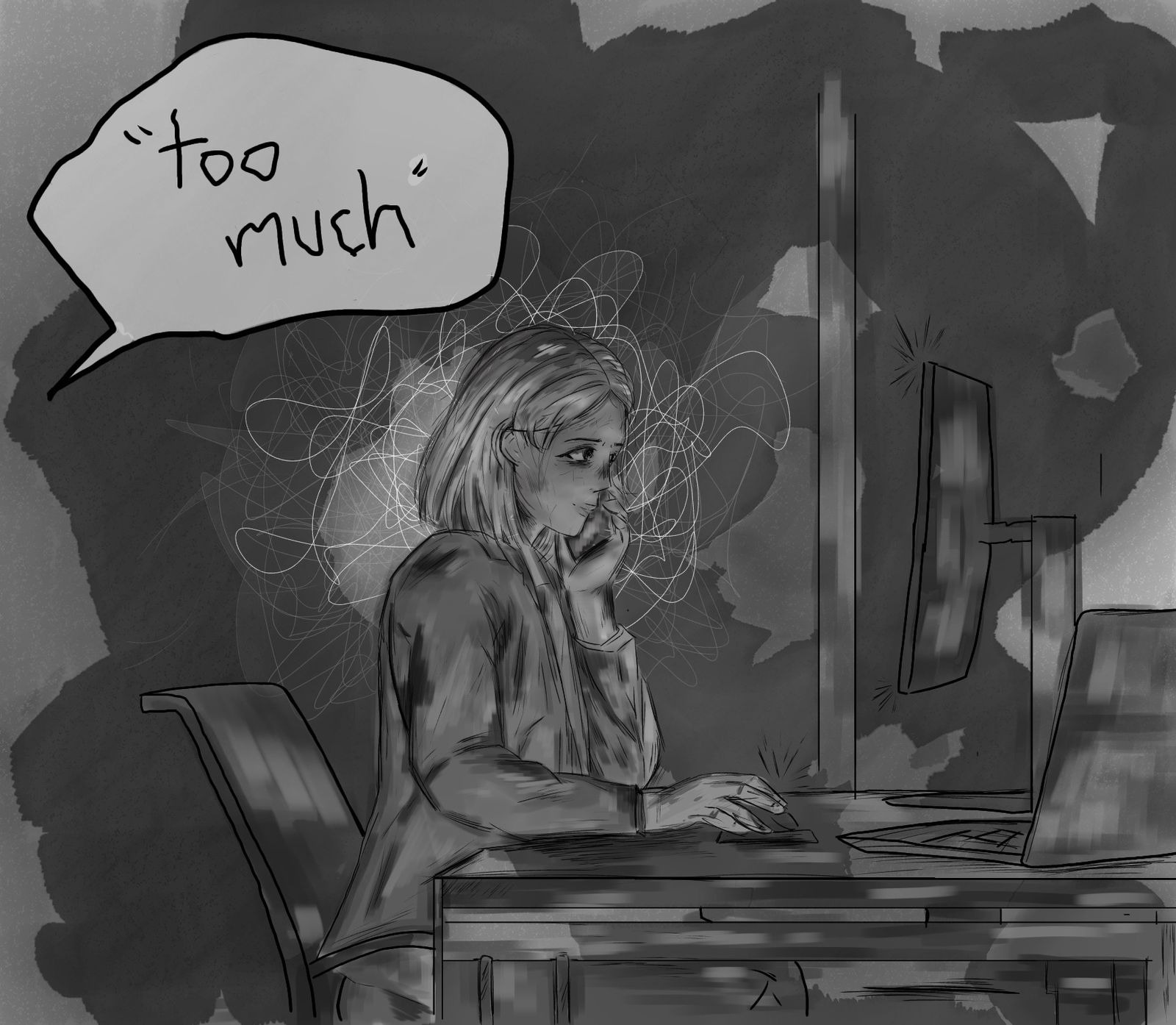 A grayscale monochromatic piece showing a nervous office woman working at her desk, with a phrase stating 