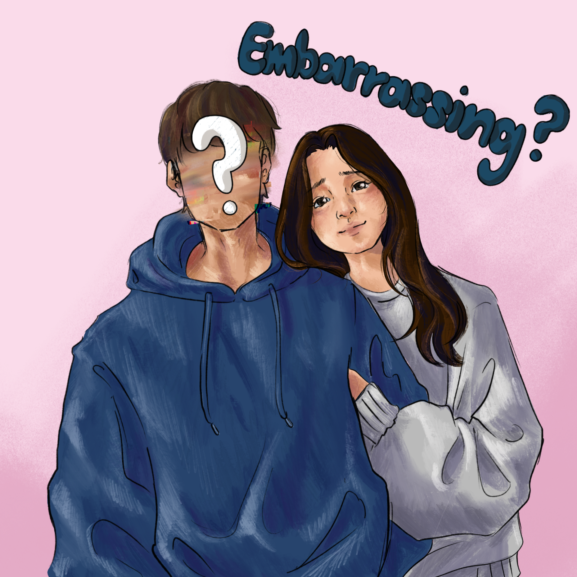 A realistic drawing of a couple hugging, both wearing baggy clothing. The man's face is blurred out with a white question mark on top while the women smiles with the word 