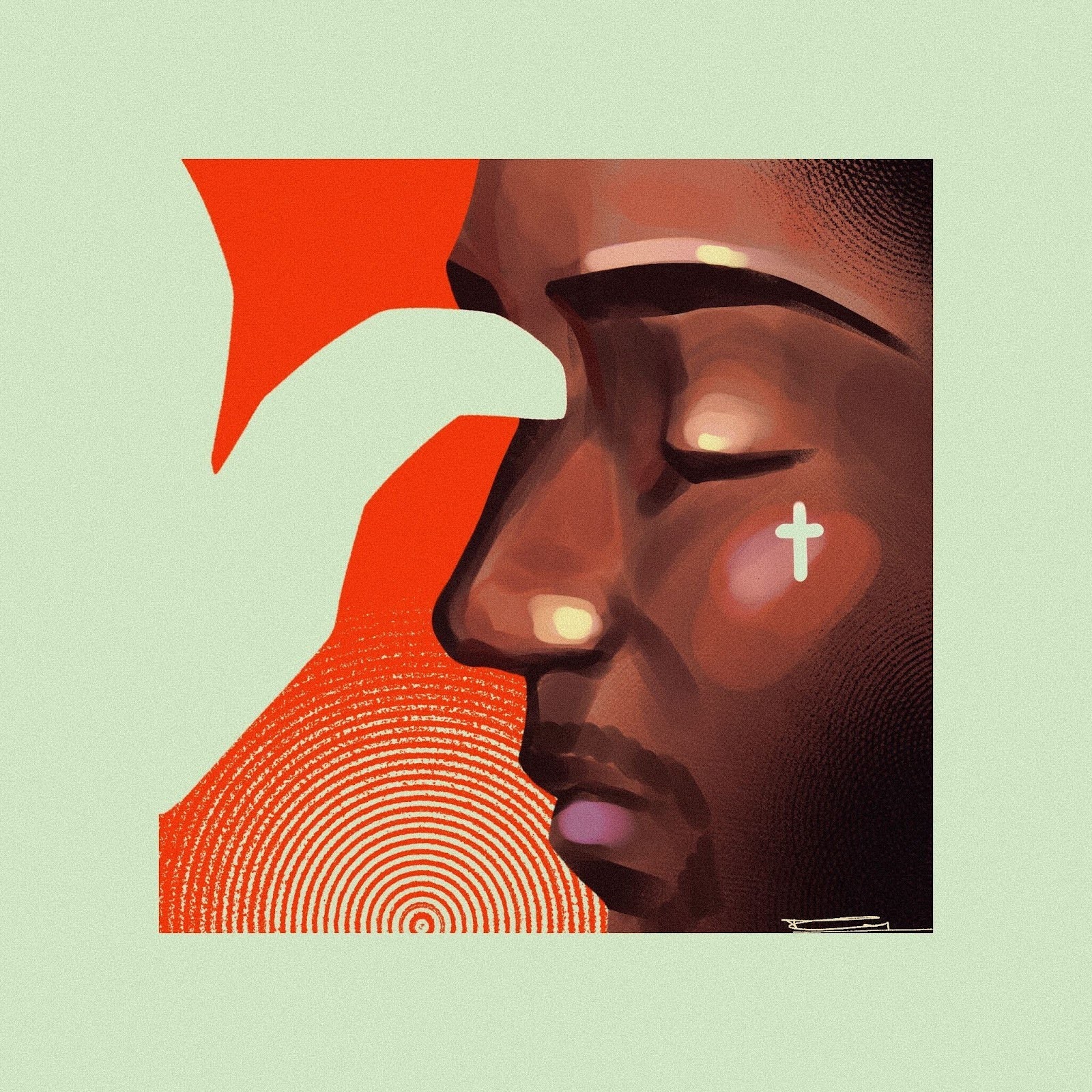 A close-up drawing of Brent Faiyaz's side profile with his eyes closed. He is set in front of a red background made of thin circular lines, with an outline of a thumb pressing between his eyes set in mint green. There is a small, mint green cross on his cheekbone.