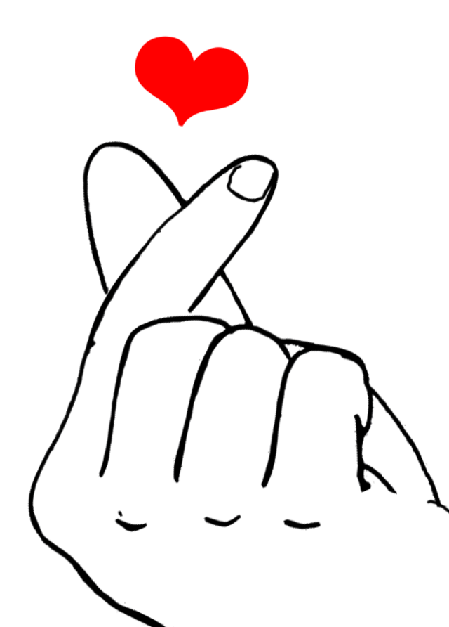 Outline of a hand with the thumb and pointer finger forming a heart. A red heart is present above the two fingers.