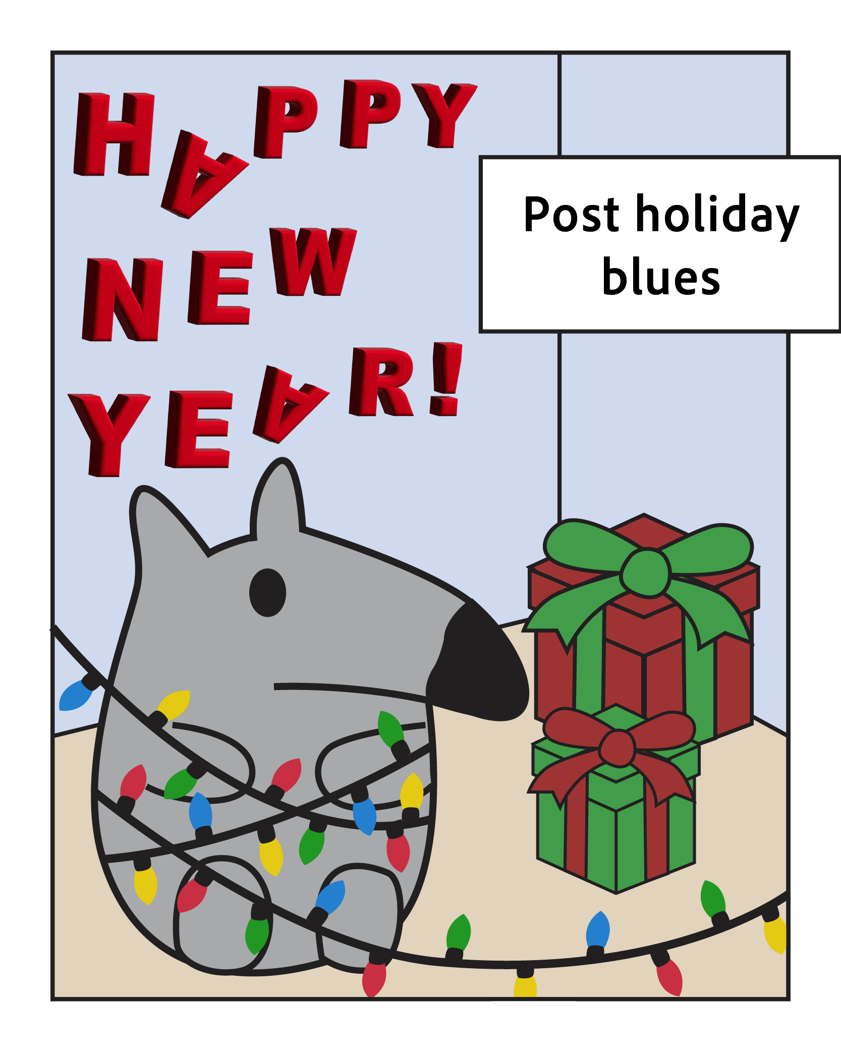 A drawing of Peter the Anteater wrapped up in Christmas lights with a sad look on his face. Presents sit in the background and the words 