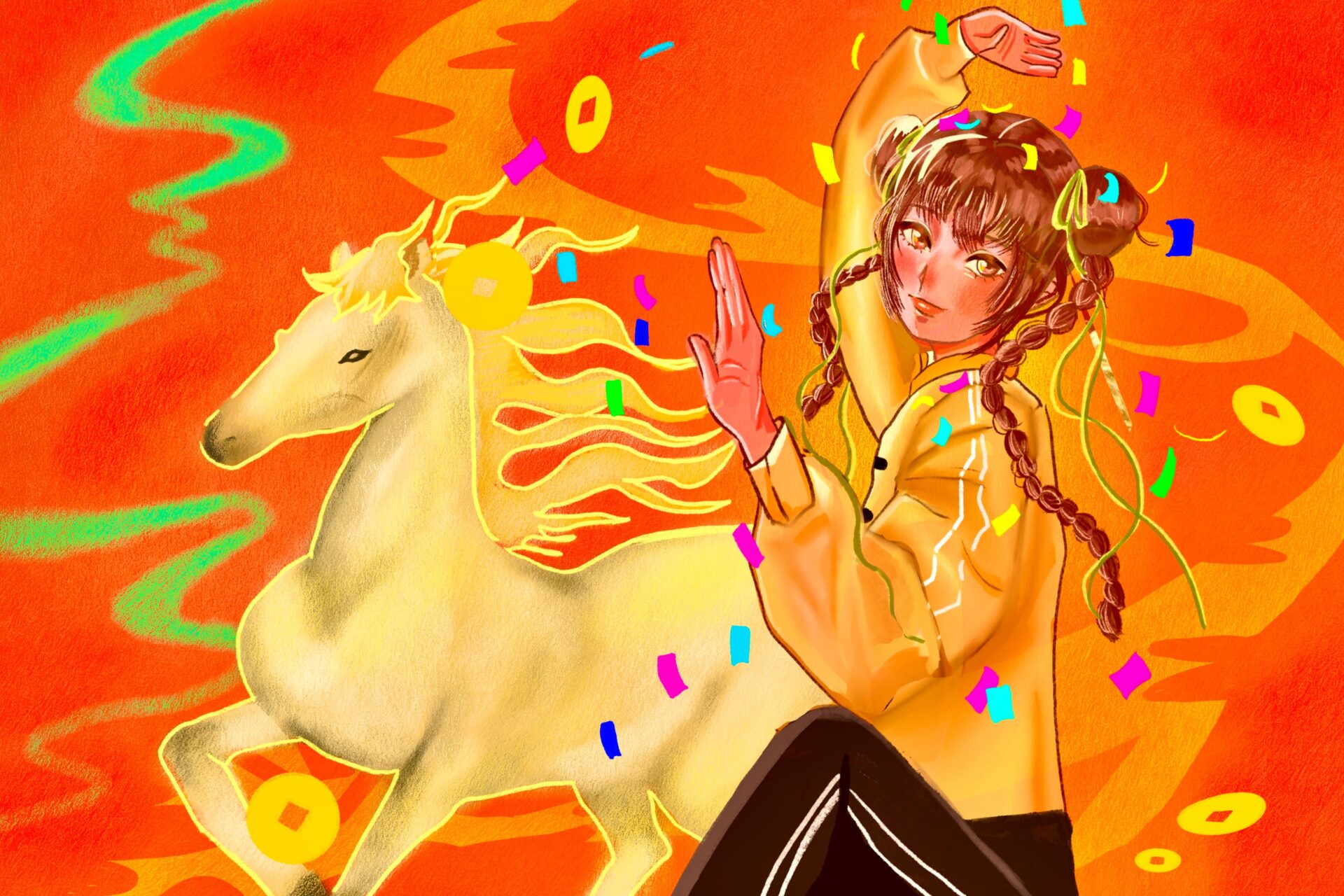 A woman wearing a Neo-Chinese style tracksuit poses in front of a fire horse: a horse with fire as its mane. For reference, this year's Lunar New Year brought in the Year of the Fire Horse. The two stand in front of a mostly fire-red background, though notes of orange and green are present as well.