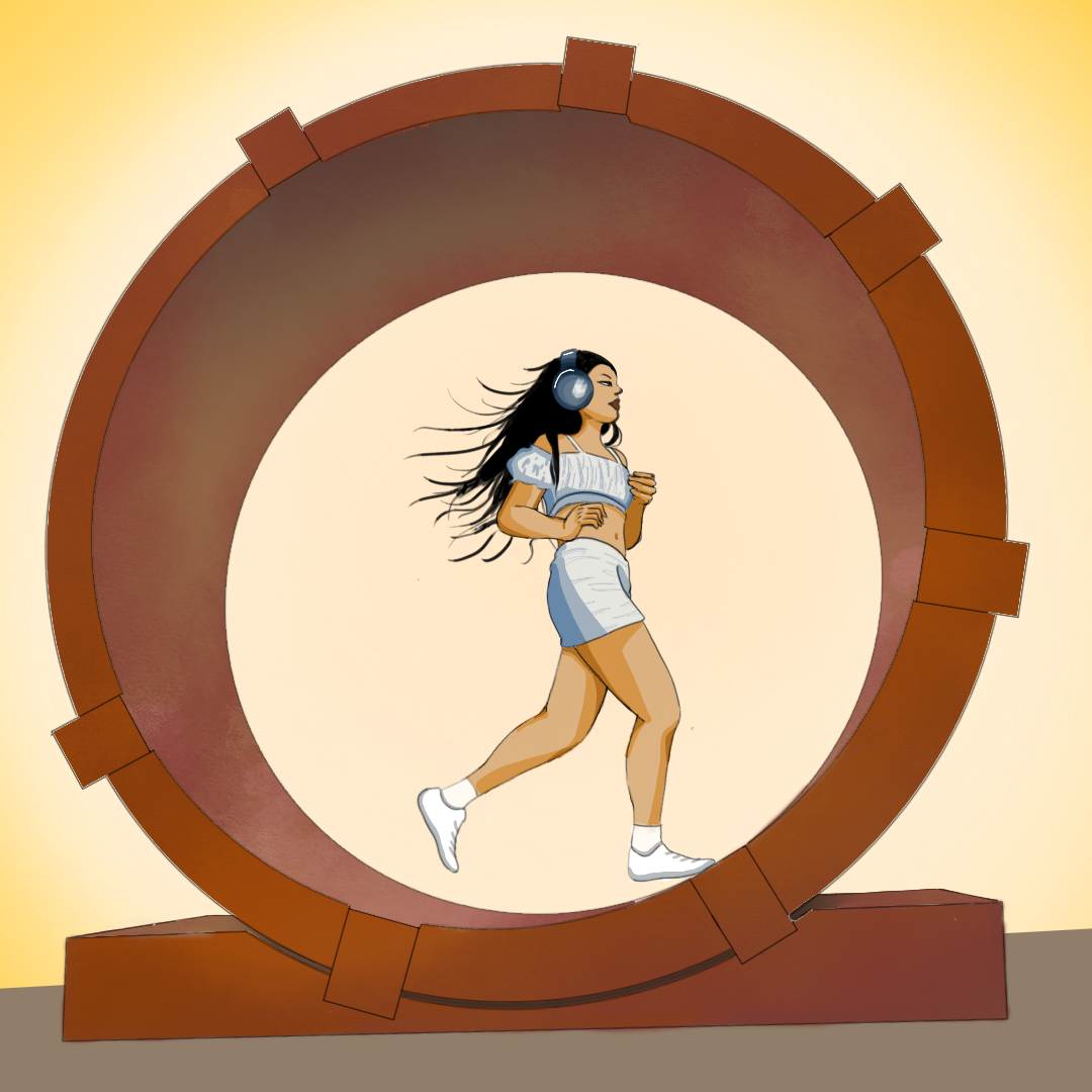 A drawing of Lexa Gates in a white outfit and headphones running on a large hamster wheel.