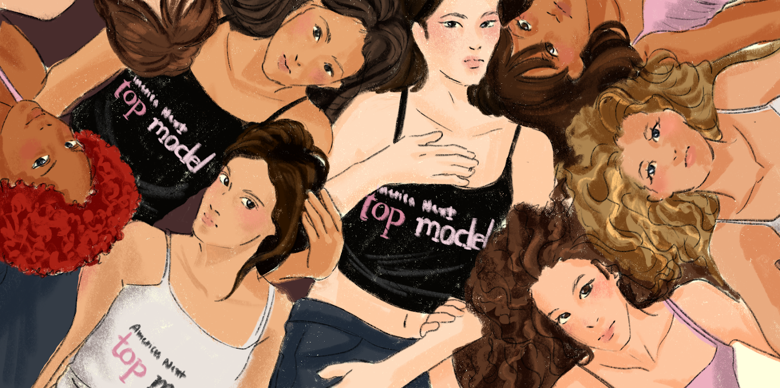 A group of female models in varying outfits lay on top of each other, looking up at the viewer.