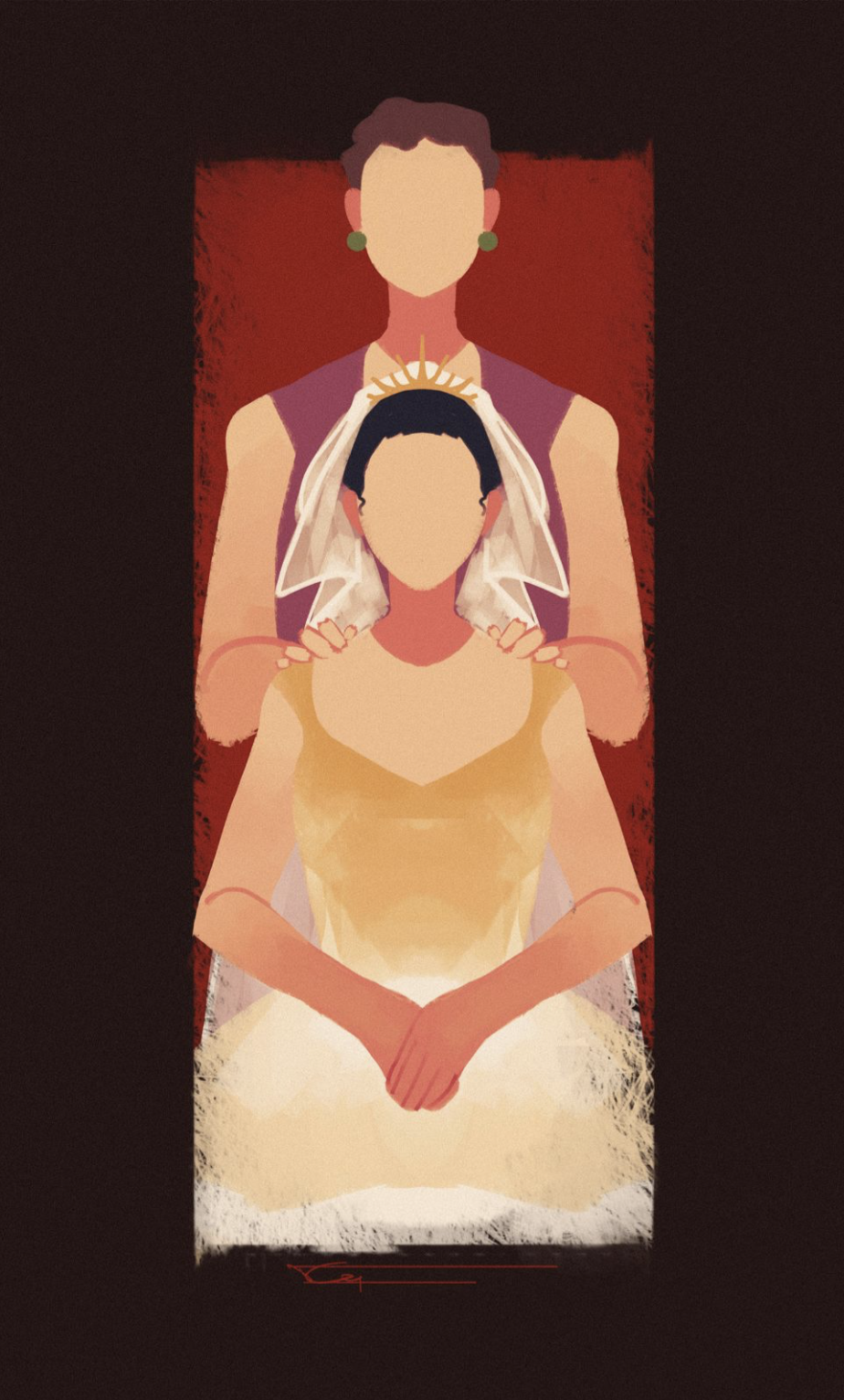 A faceless bride in a white dress and veil sits with hands folded, a small gold crown-like halo above her head. A taller faceless figure stands behind her with hands on the bride's shoulders, set inside a red rectangle surrounded by a dark vignette background.