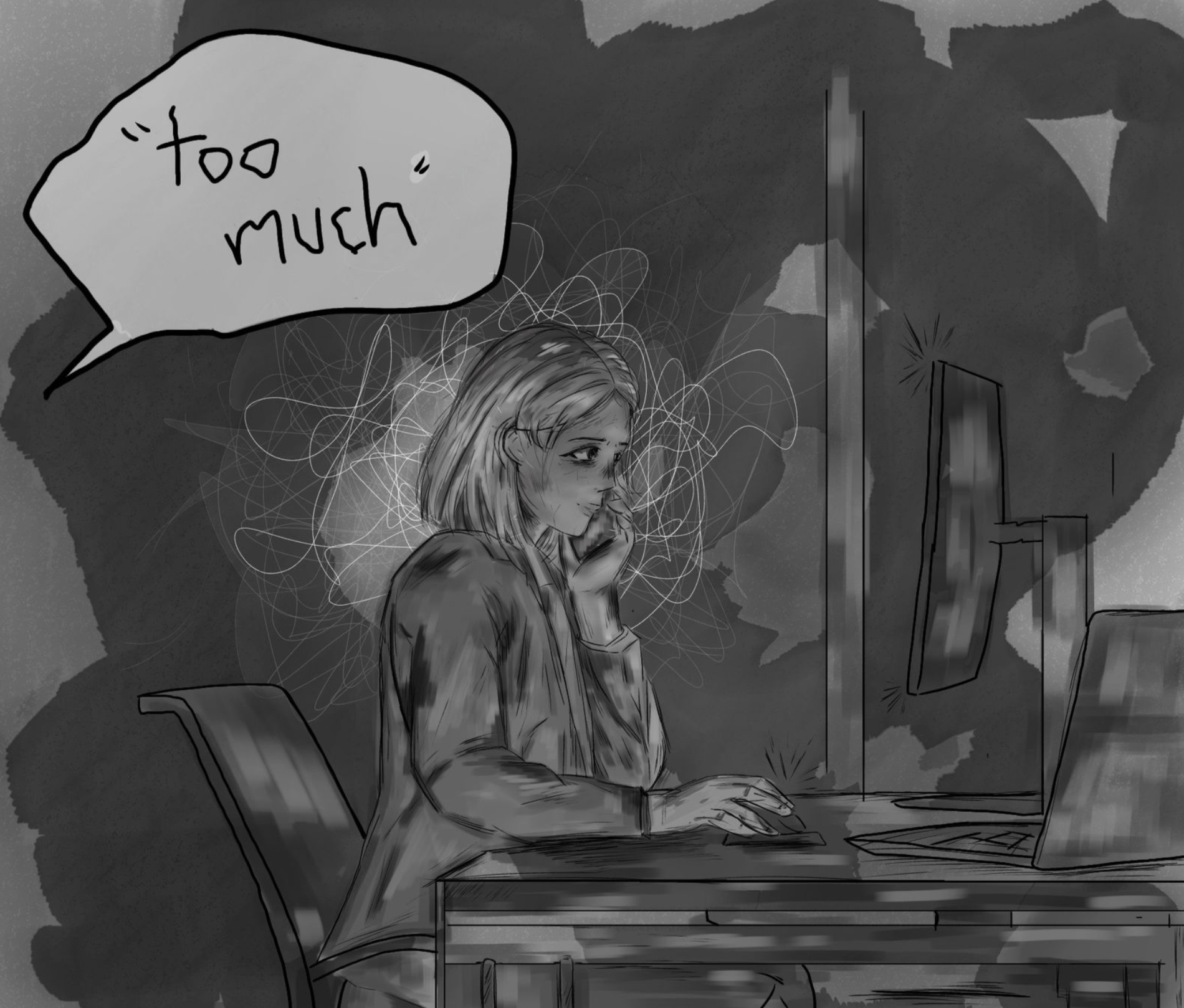 A grayscale monochromatic piece showing a nervous office woman working at her desk, with a phrase stating 