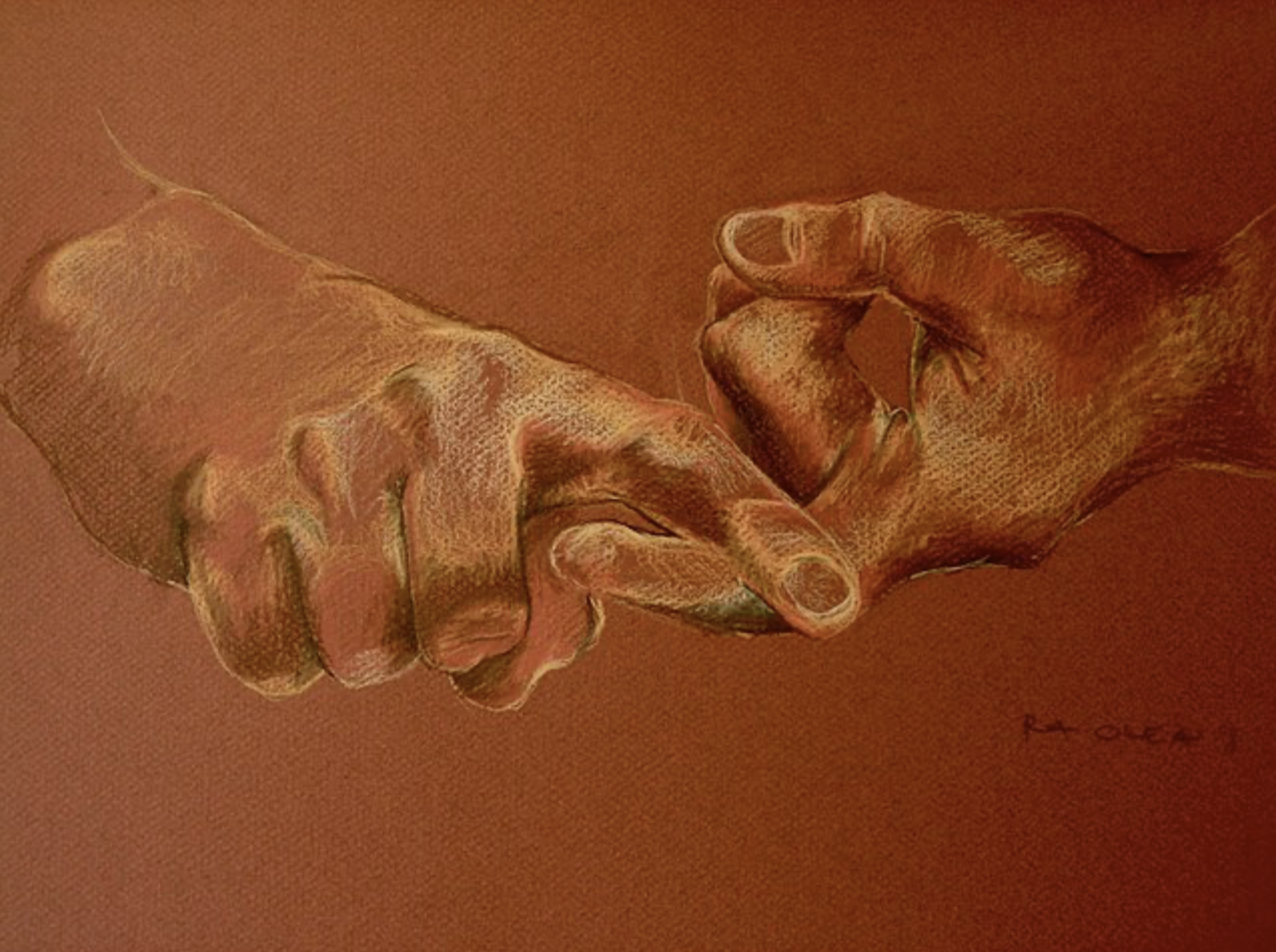 A sketch in cream colored pencil on a brown, textured canvas. Two hands sign the American Sign Language word for “friend.” The hands are in lightly curled fists with the pointer fingers extended, and the insides of the pointer fingers perpendicularly overlap at the middle knuckle.
