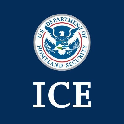 The US Department of Homeland Security Seal over the acronym ICE against a navy blue background