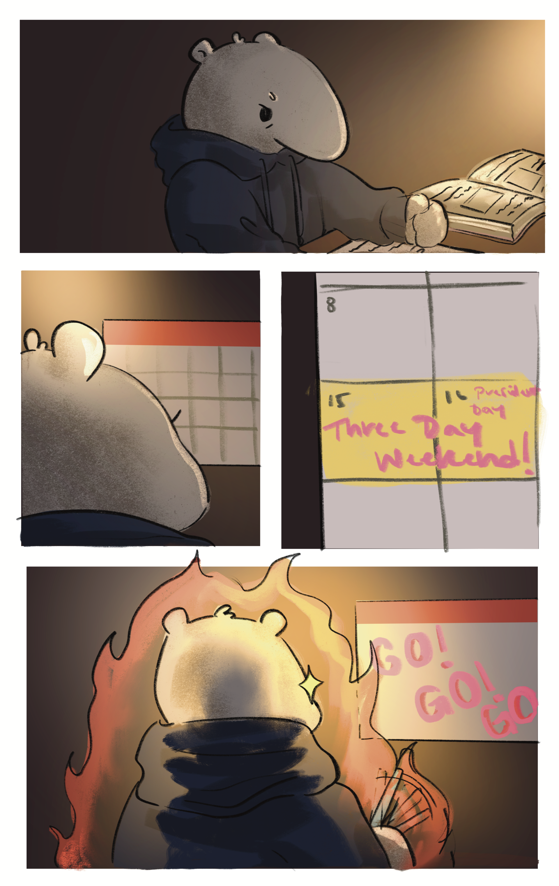 A four panel comic with a tired Peter the Anteater  studying before he notices the calendar with an upcoming three day weekend. The final panel shows flames coming out of him as he works harder to study, with the calendar in front of him saying 