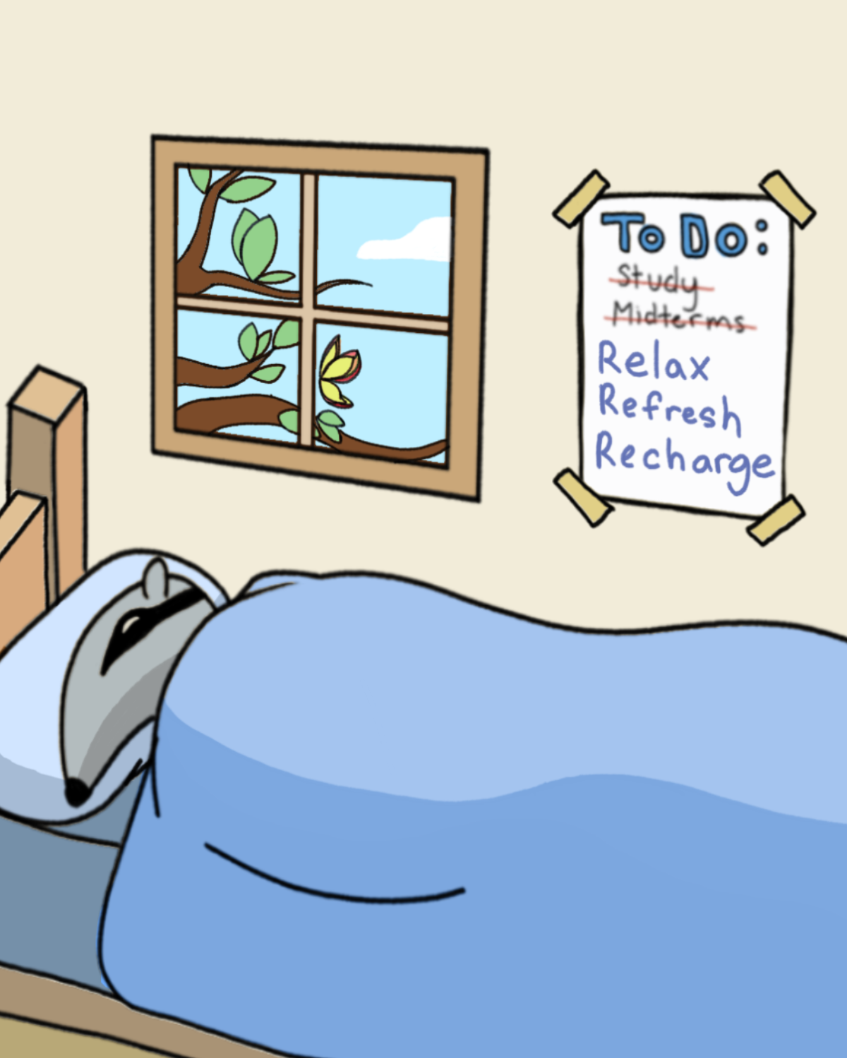 Peter the Anteater sleeping on his bed with his covers drawn up. Outside the window, there is a tree with a butterfly and a bright day with clouds. Next to the window is a poster tape to the wall with 