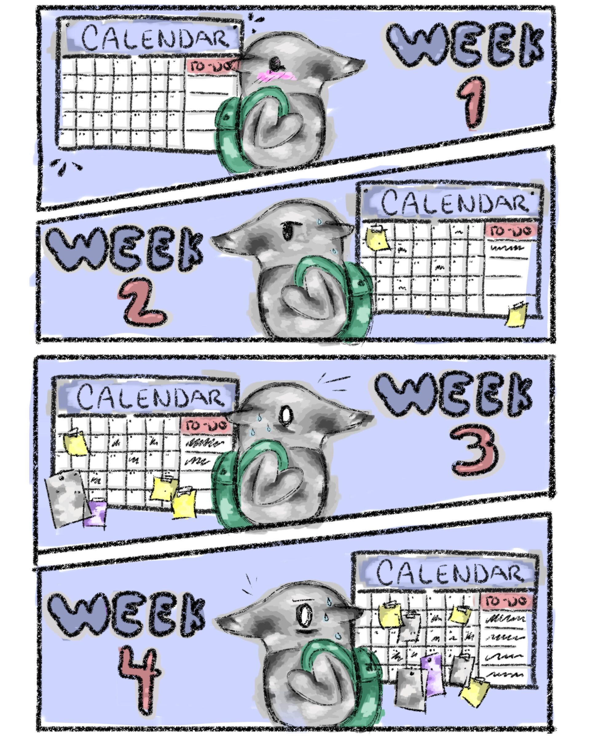 A four-panel comic with a light blue background, with Peter the Anteater dealing with the stresses of school. In each panel, the phrase 