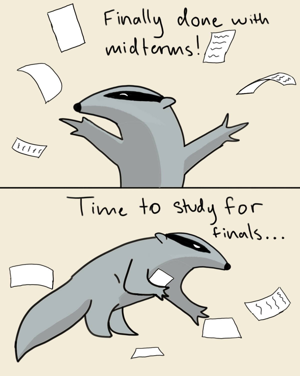 Peter the Anteater with his hands outstretched, throwing up his paper and saying 