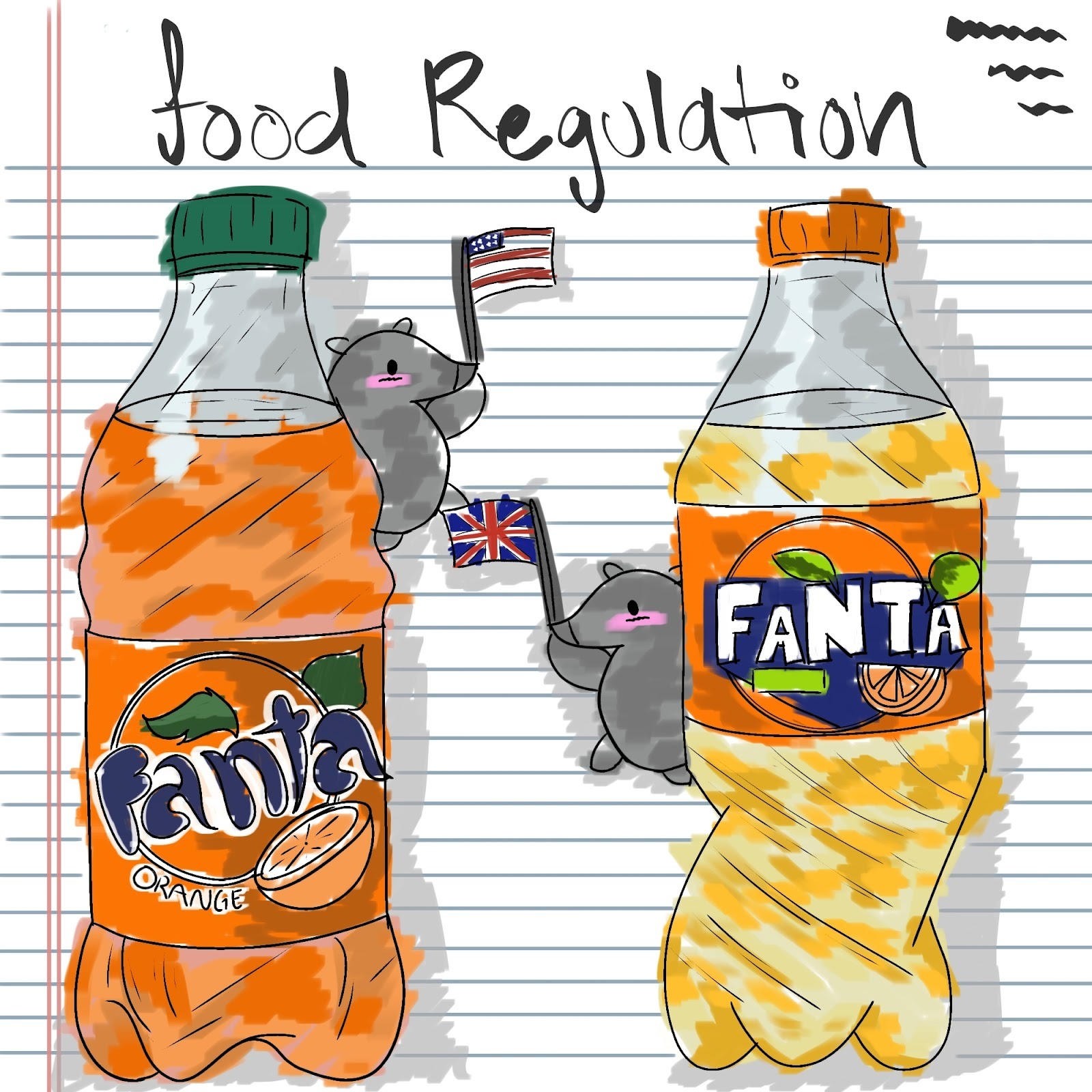 A bright orange Fanta bottle is standing on one side of the image with a small anteater holding the U.S. flag. On the other side stands a more yellow Fanta bottle with a small anteater holding the U.K. flag. The background represents a piece of paper, with the phrase 