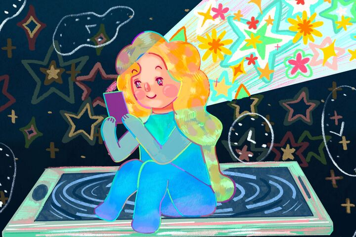 A whimsical illustration of a child appearing immersed in the content on her phone. The glowing stars, patterns, and distorted clocks symbolize the dopaminergic addictions and shortened attention spans as results of accessible streaming entertainment.