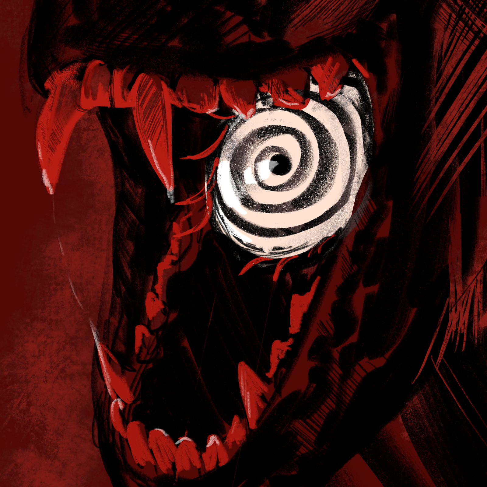 A drawing in red of the jaws of a monster, with a hypnotizing eye in the back of the mouth, there are sharp, large teeth surrounding the eyes.