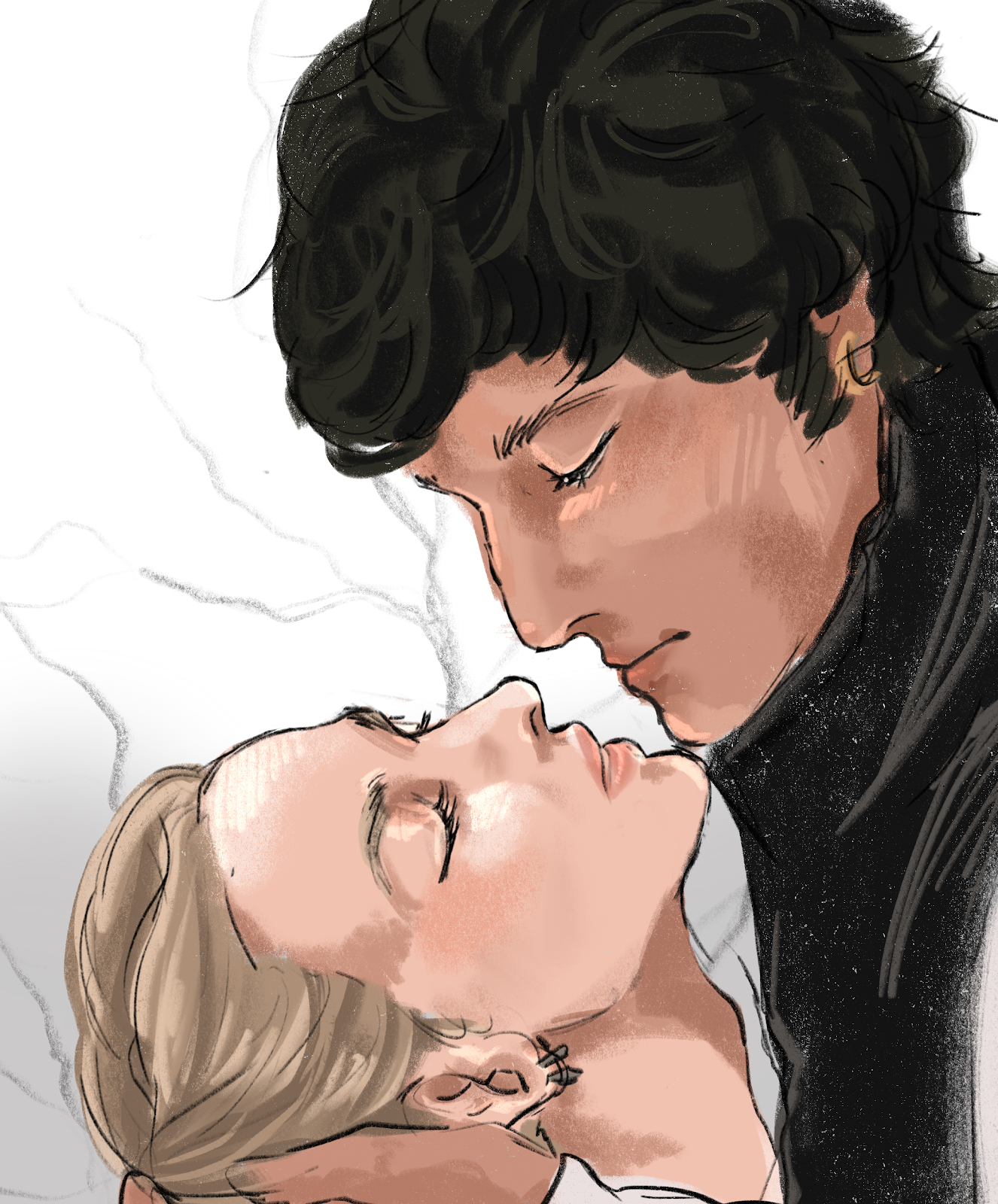 Alt-Caption: A drawing of Heathcliff (Jacob Elordi) holding Catherine Earnshaw 's (Margot Robbie) head while they both have their eyes closed with their faces close together. The background is white with a gray gradient, with branches coming out in the back.
